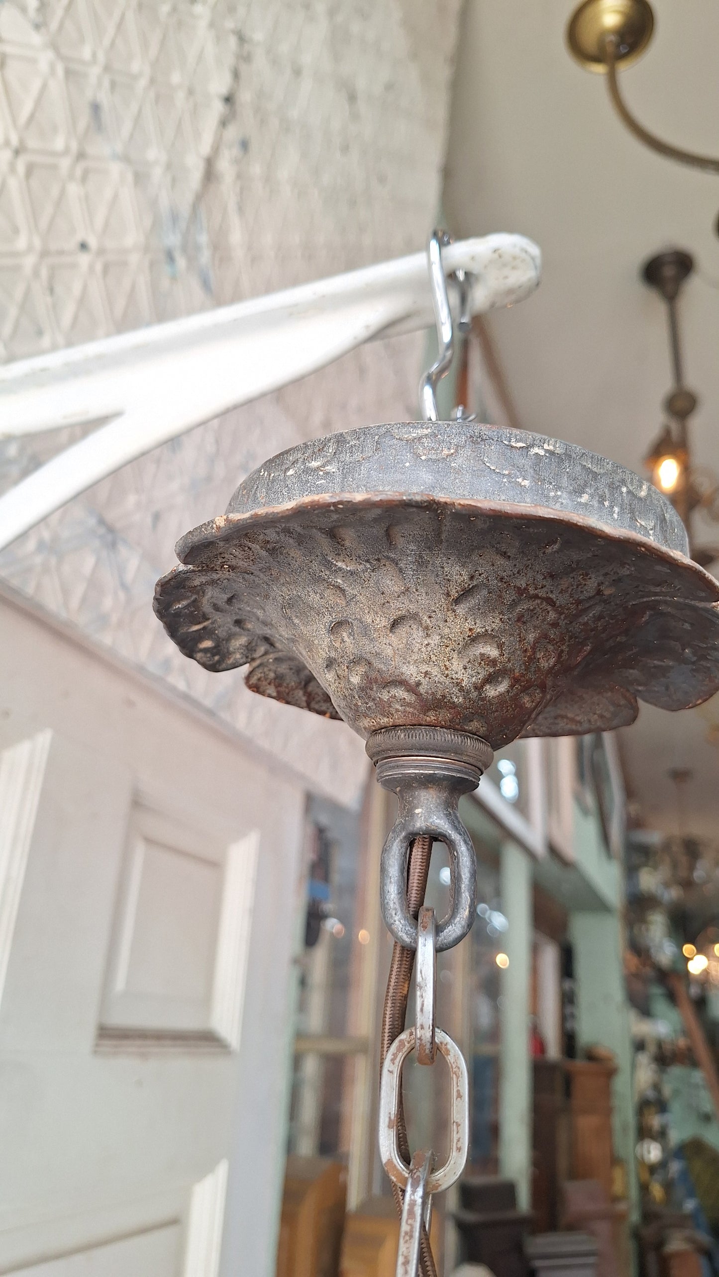 Virden Co. Hammered Iron Wolf Pendant Light, Lantern Style Hanging Vintage Light