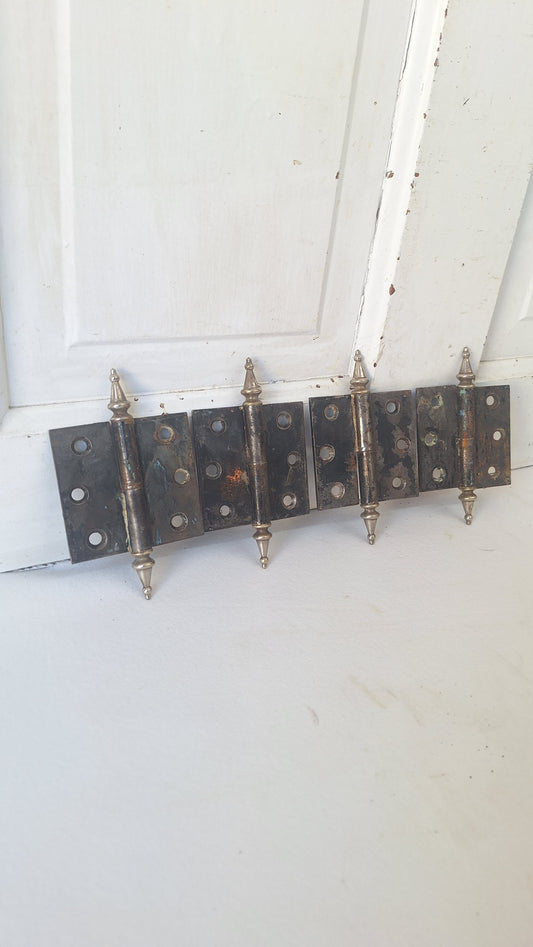 3" Set of Steeple Tip Antique Hinges, Four Vintage Large Door Hinges