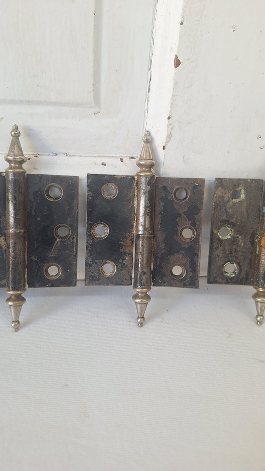 3" Set of Steeple Tip Antique Hinges, Four Vintage Large Door Hinges