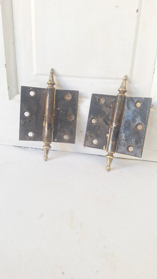 3 1/2" Pair of Steeple Tip Antique Hinges, Vintage Large Door Hinges