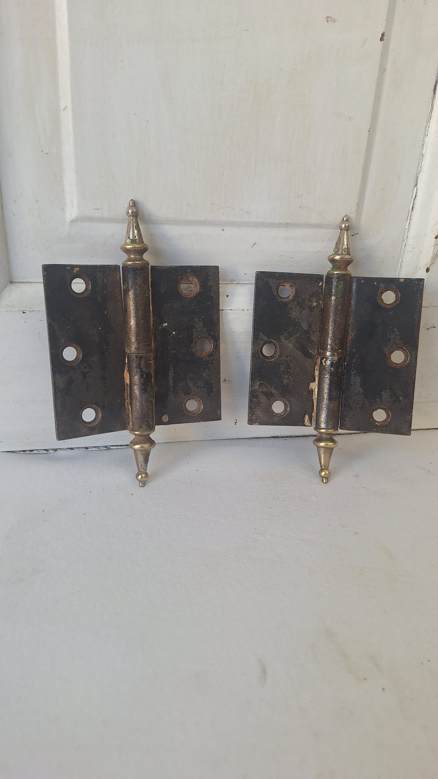 3 1/2" Pair of Steeple Tip Antique Hinges, Vintage Large Door Hinges