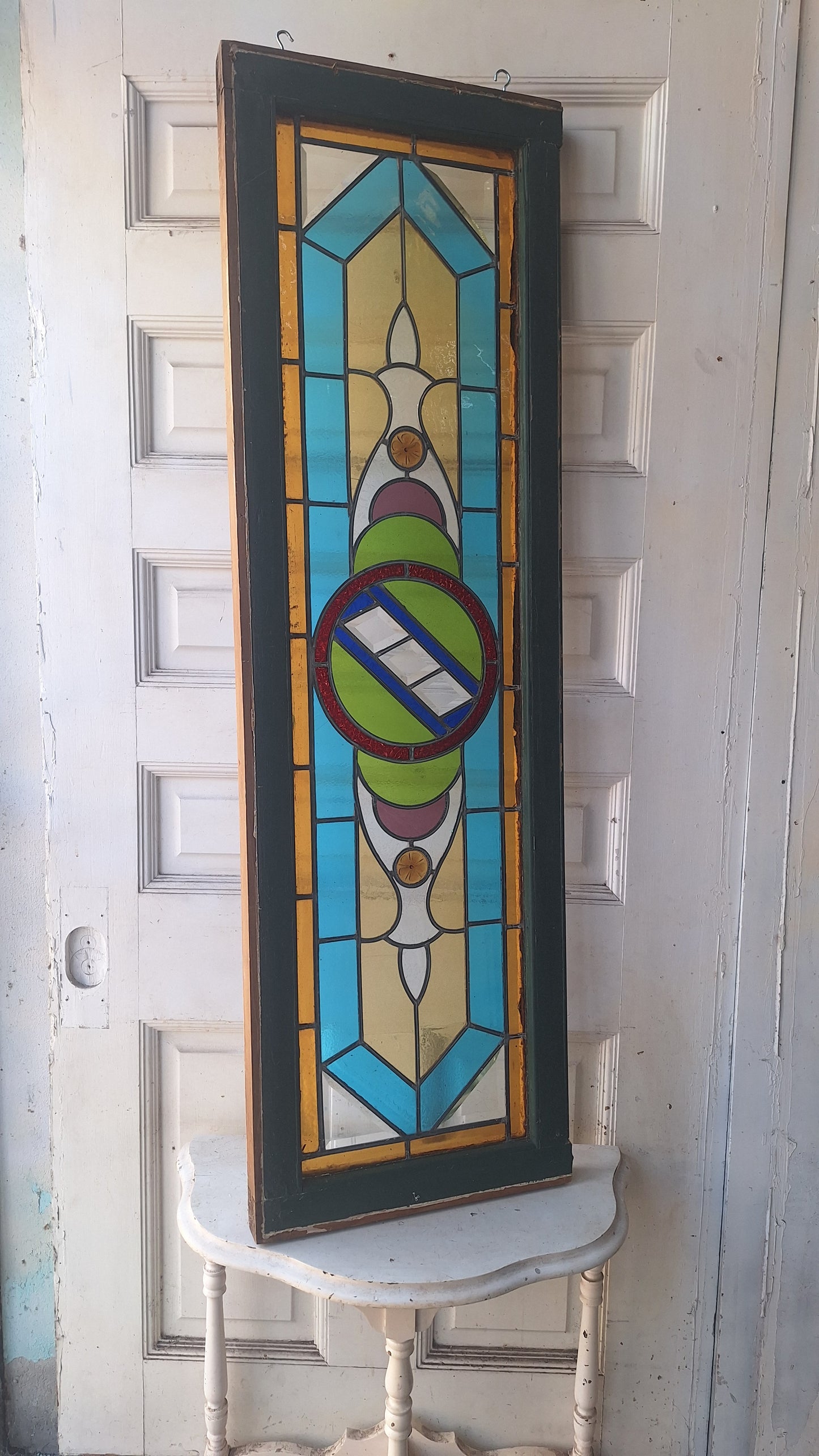 Beveled Leaded Glass Transom Window, Antique Purple and Green Stained Glass