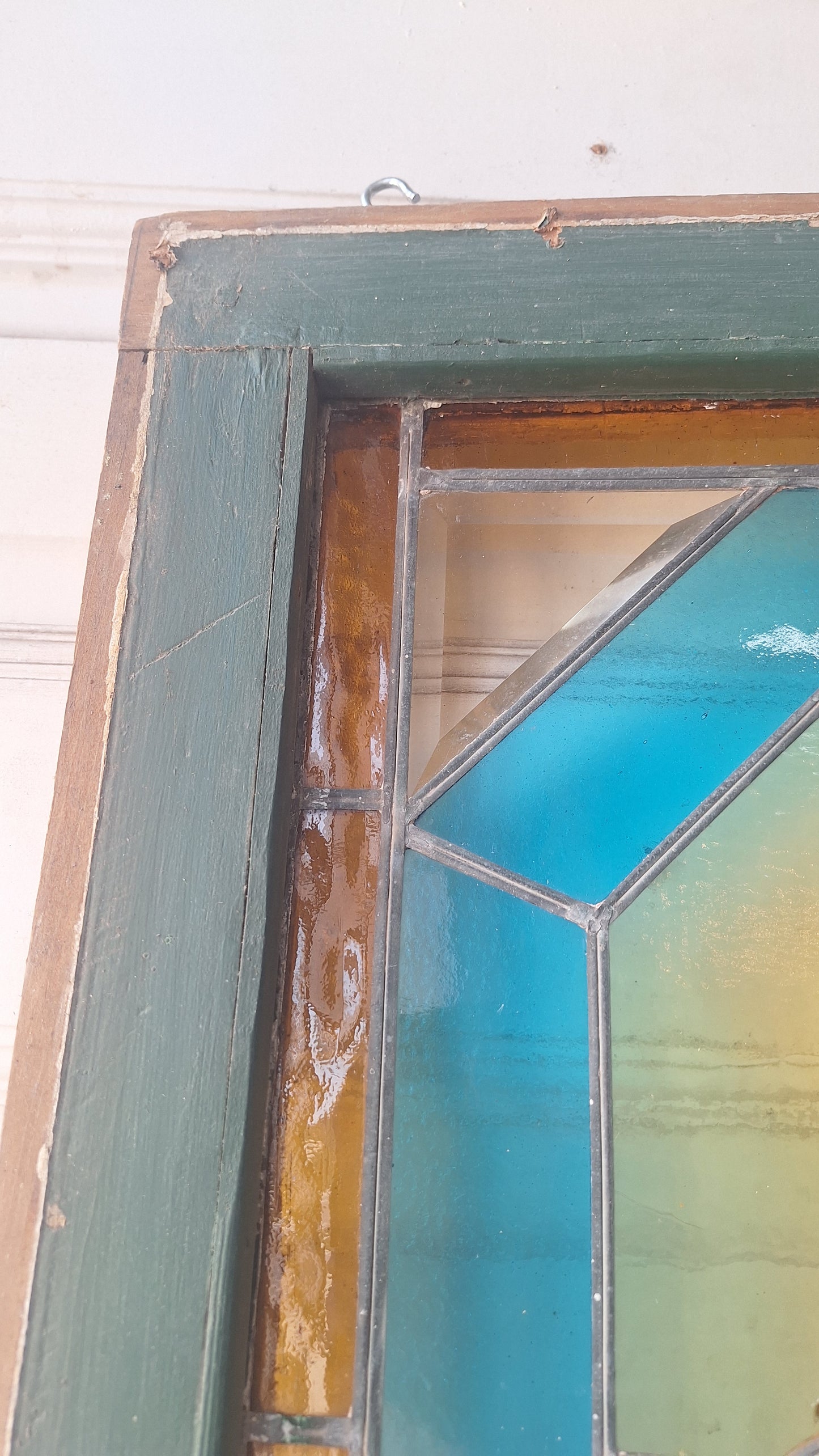 Beveled Leaded Glass Transom Window, Antique Purple and Green Stained Glass