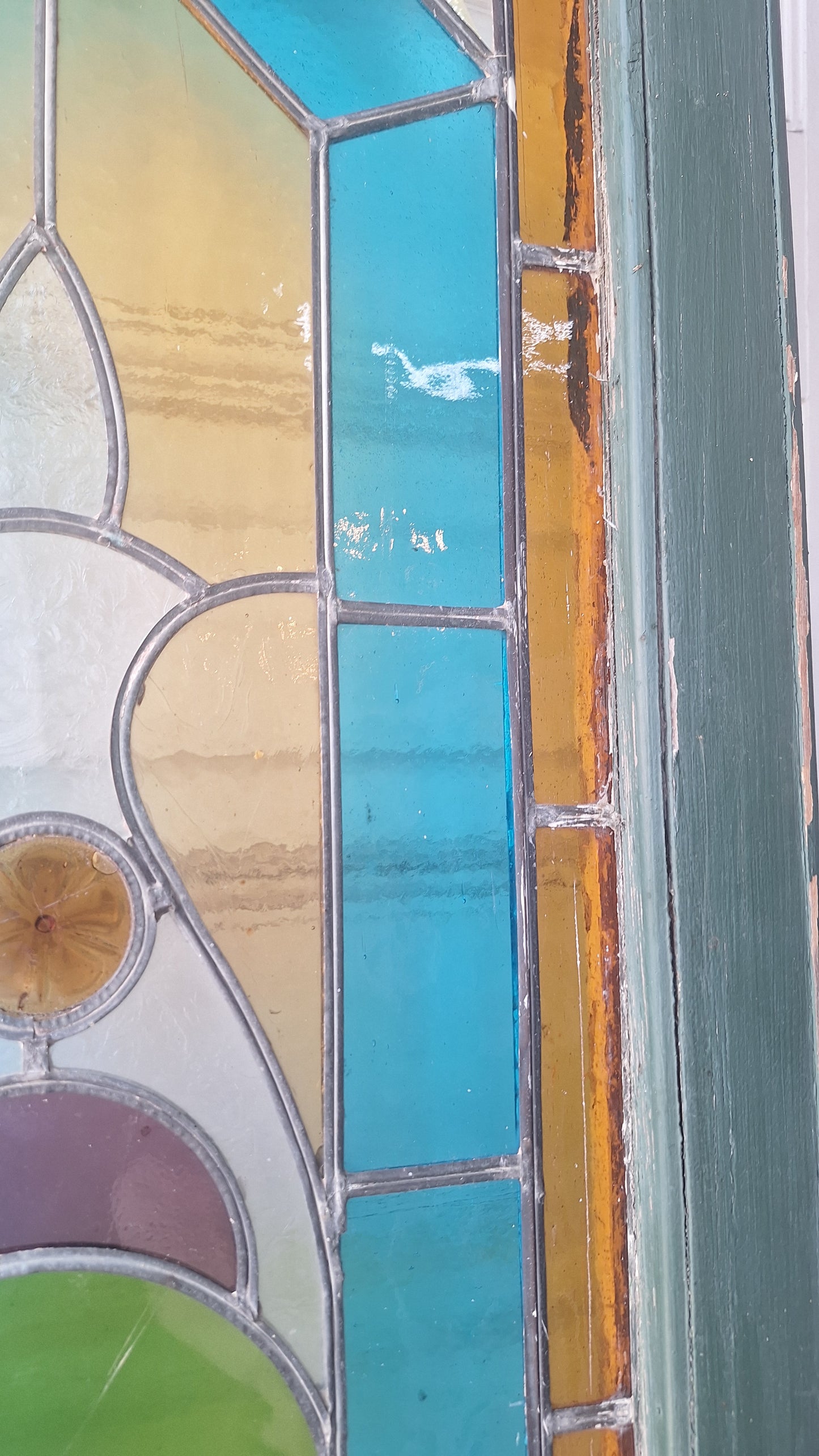 Beveled Leaded Glass Transom Window, Antique Purple and Green Stained Glass