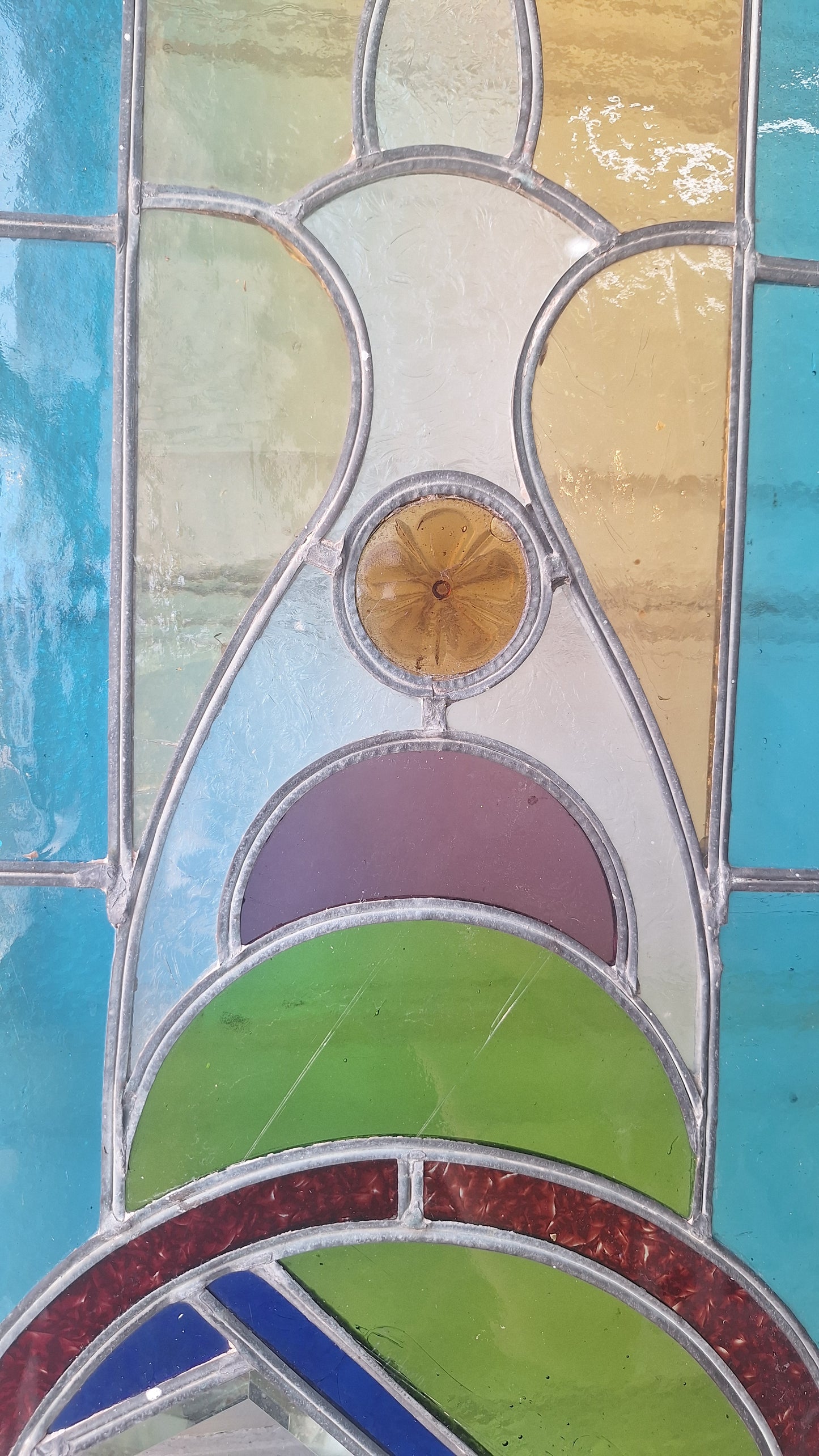 Beveled Leaded Glass Transom Window, Antique Purple and Green Stained Glass