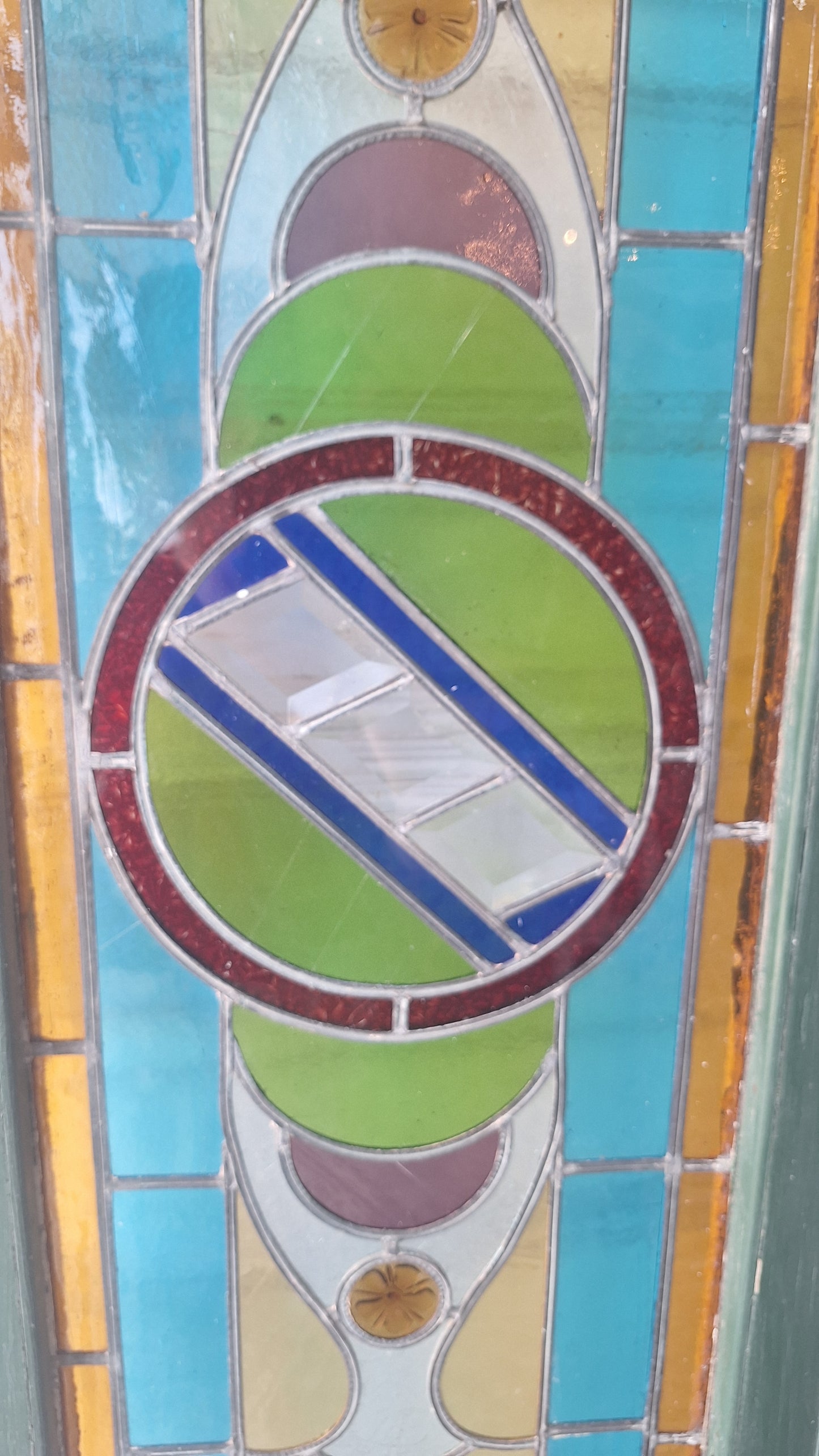 Beveled Leaded Glass Transom Window, Antique Purple and Green Stained Glass