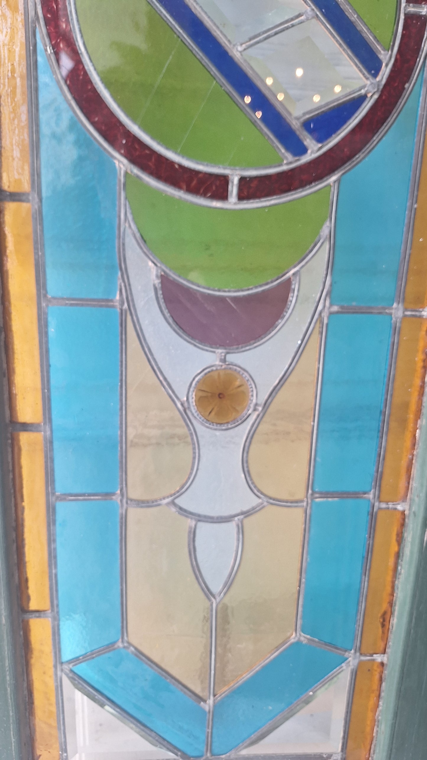 Beveled Leaded Glass Transom Window, Antique Purple and Green Stained Glass