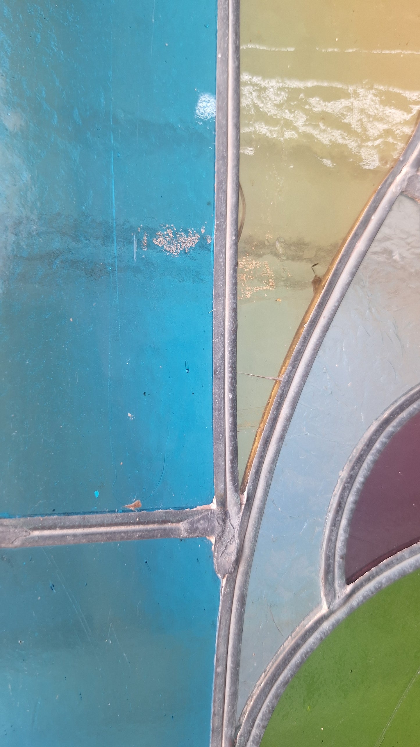 Beveled Leaded Glass Transom Window, Antique Purple and Green Stained Glass