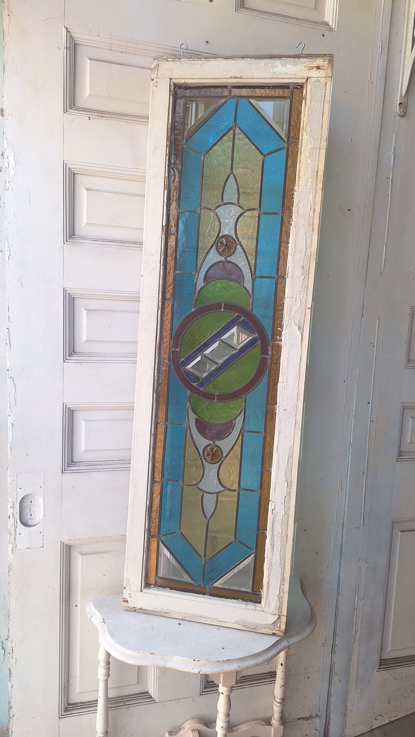 Beveled Leaded Glass Transom Window, Antique Purple and Green Stained Glass
