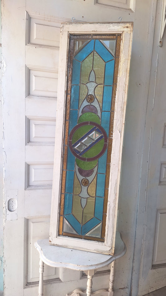 Beveled Leaded Glass Transom Window, Antique Purple and Green Stained Glass