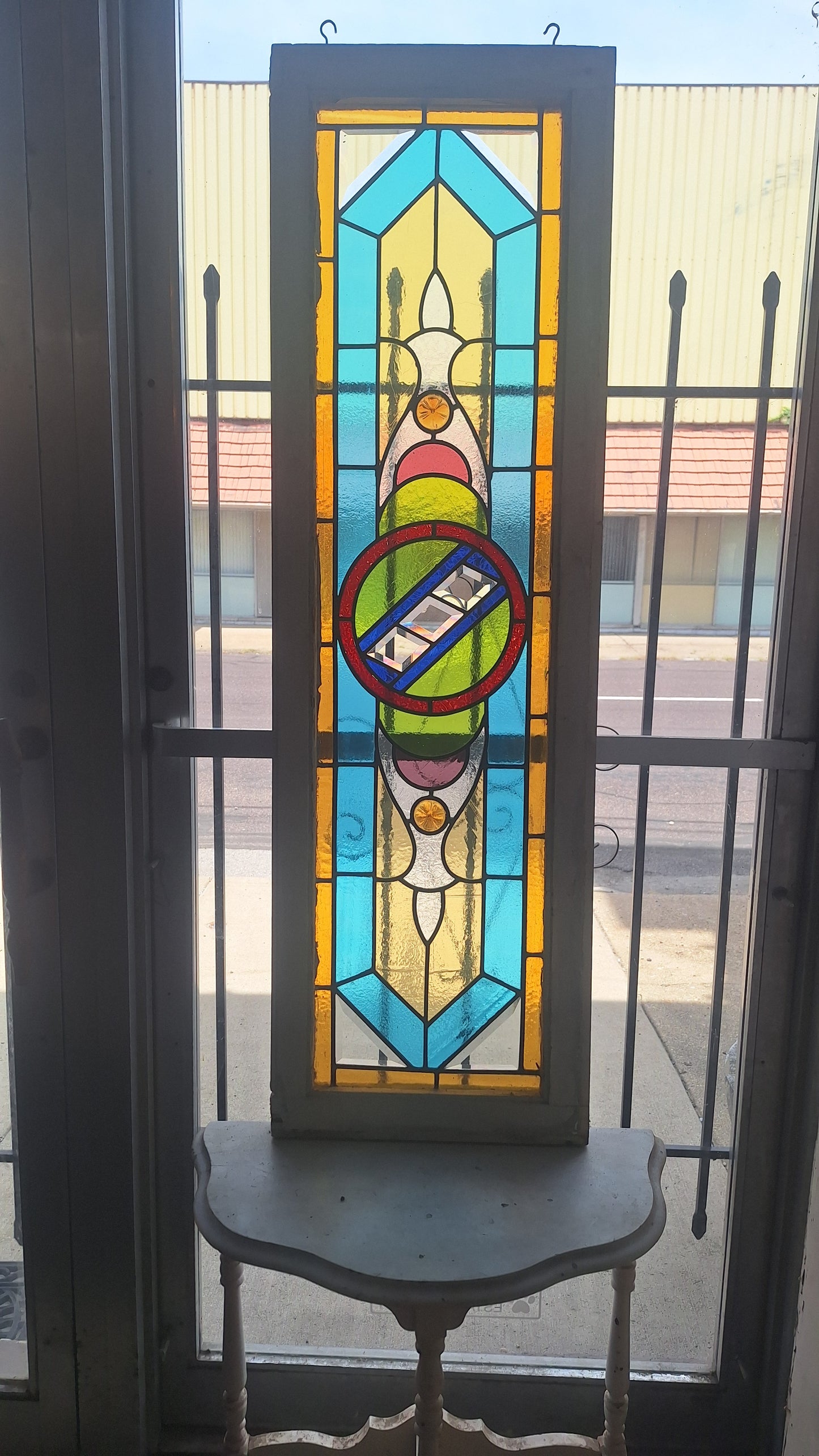 Beveled Leaded Glass Transom Window, Antique Purple and Green Stained Glass