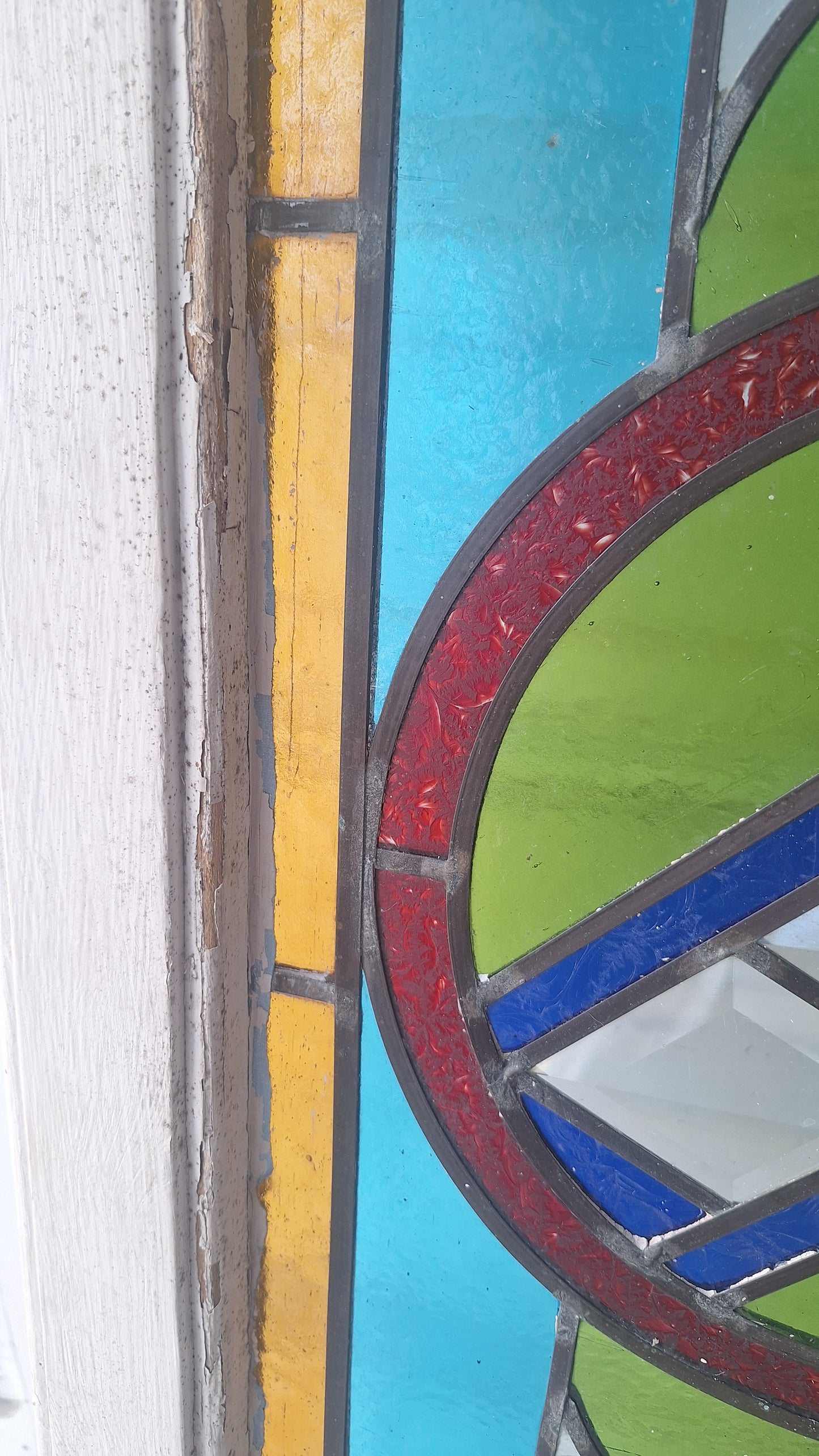 Beveled Leaded Glass Transom Window, Antique Purple and Green Stained Glass
