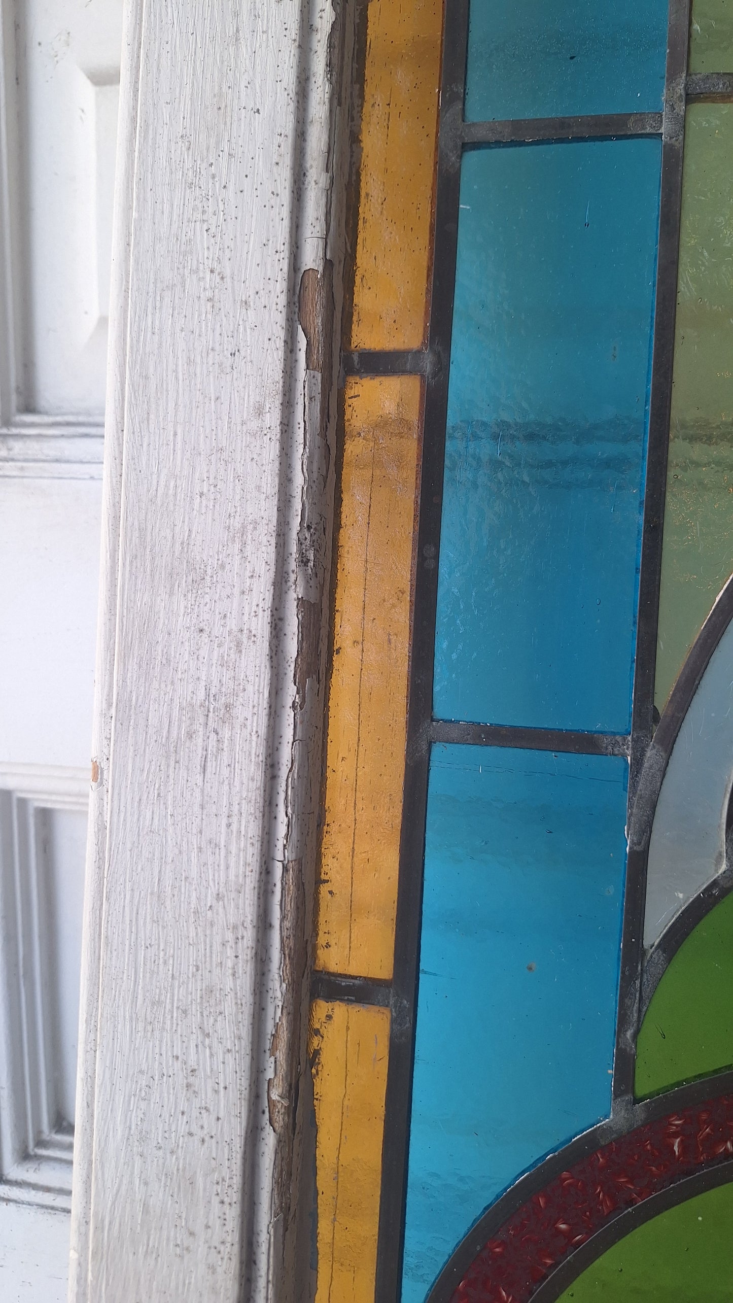 Beveled Leaded Glass Transom Window, Antique Purple and Green Stained Glass