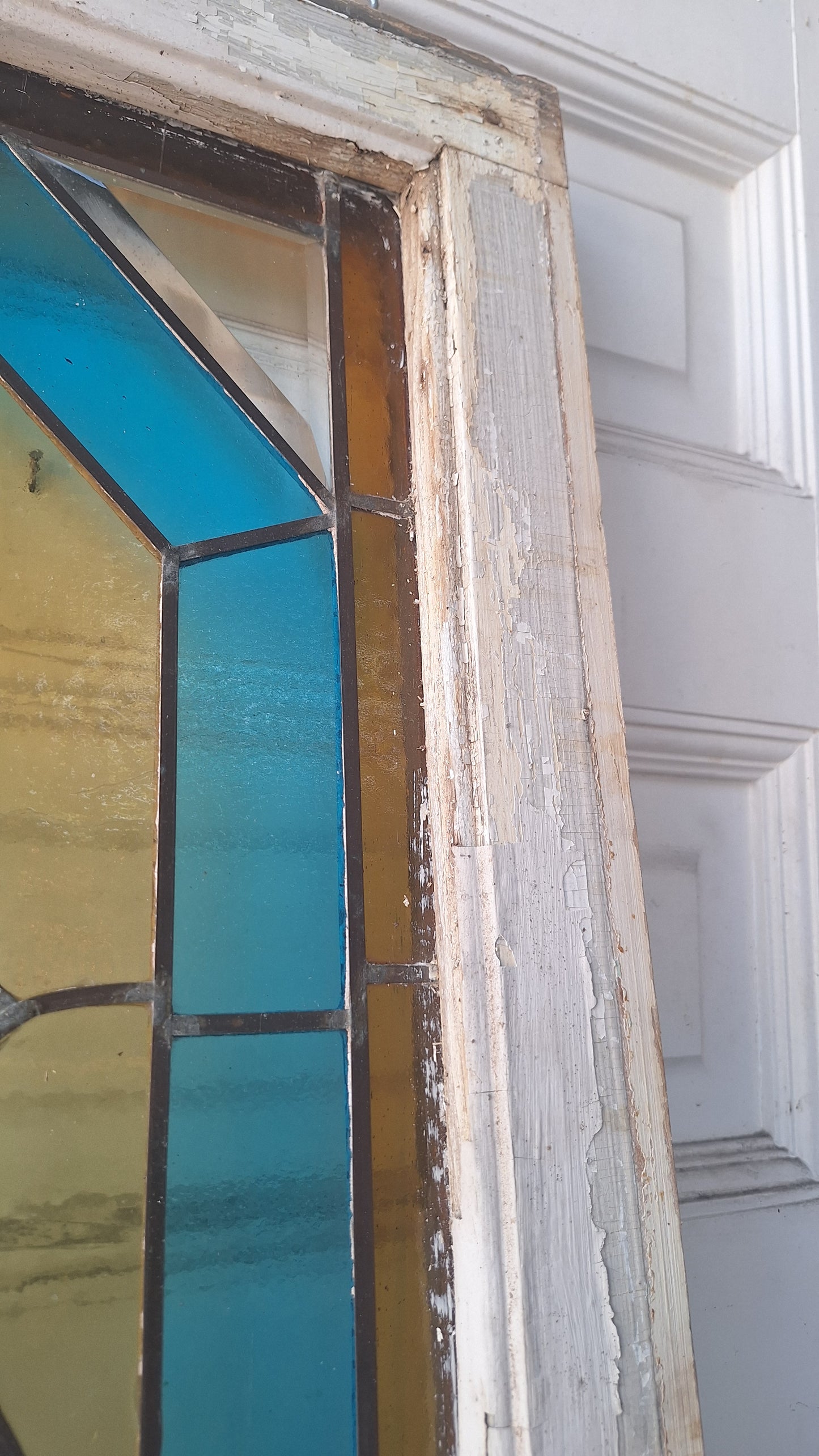 Beveled Leaded Glass Transom Window, Antique Purple and Green Stained Glass