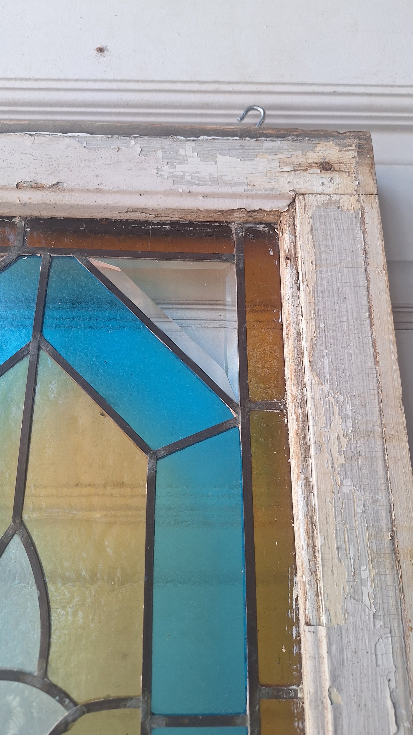 Beveled Leaded Glass Transom Window, Antique Purple and Green Stained Glass