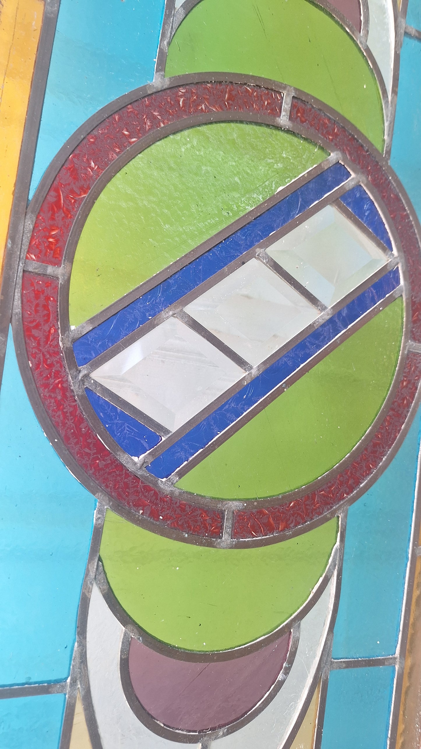 Beveled Leaded Glass Transom Window, Antique Purple and Green Stained Glass