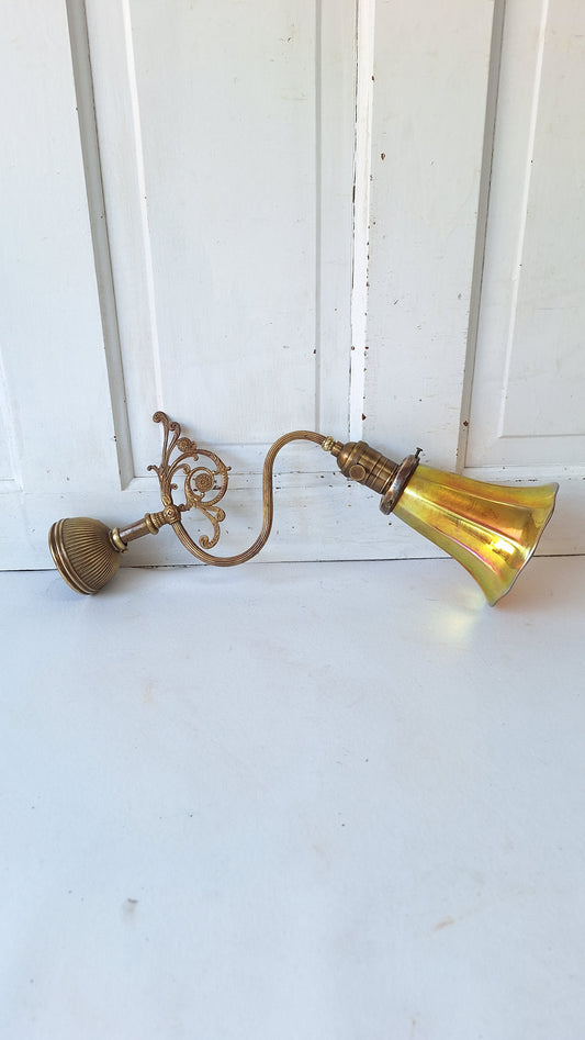 Antique Brass Sconce with Art Glass Shade, Wall Light and Quezel Shade