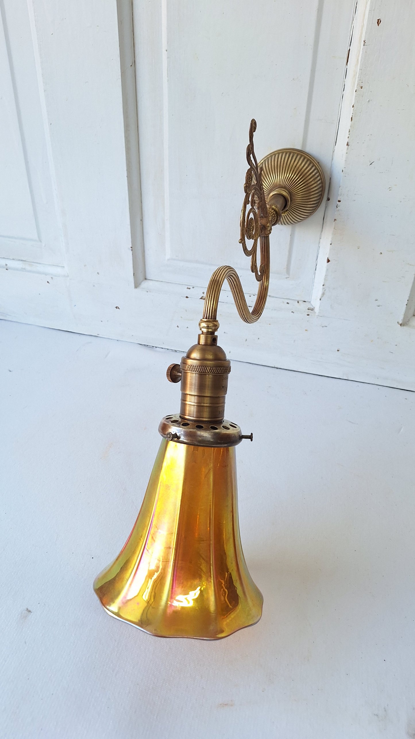 Antique Brass Sconce with Art Glass Shade, Wall Light and Quezel Shade