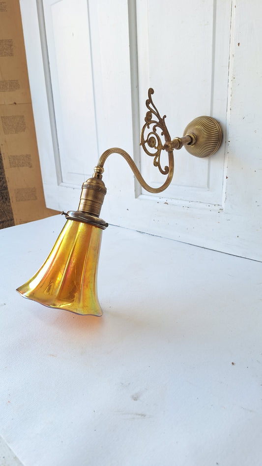 Antique Brass Sconce with Art Glass Shade, Wall Light and Quezel Shade