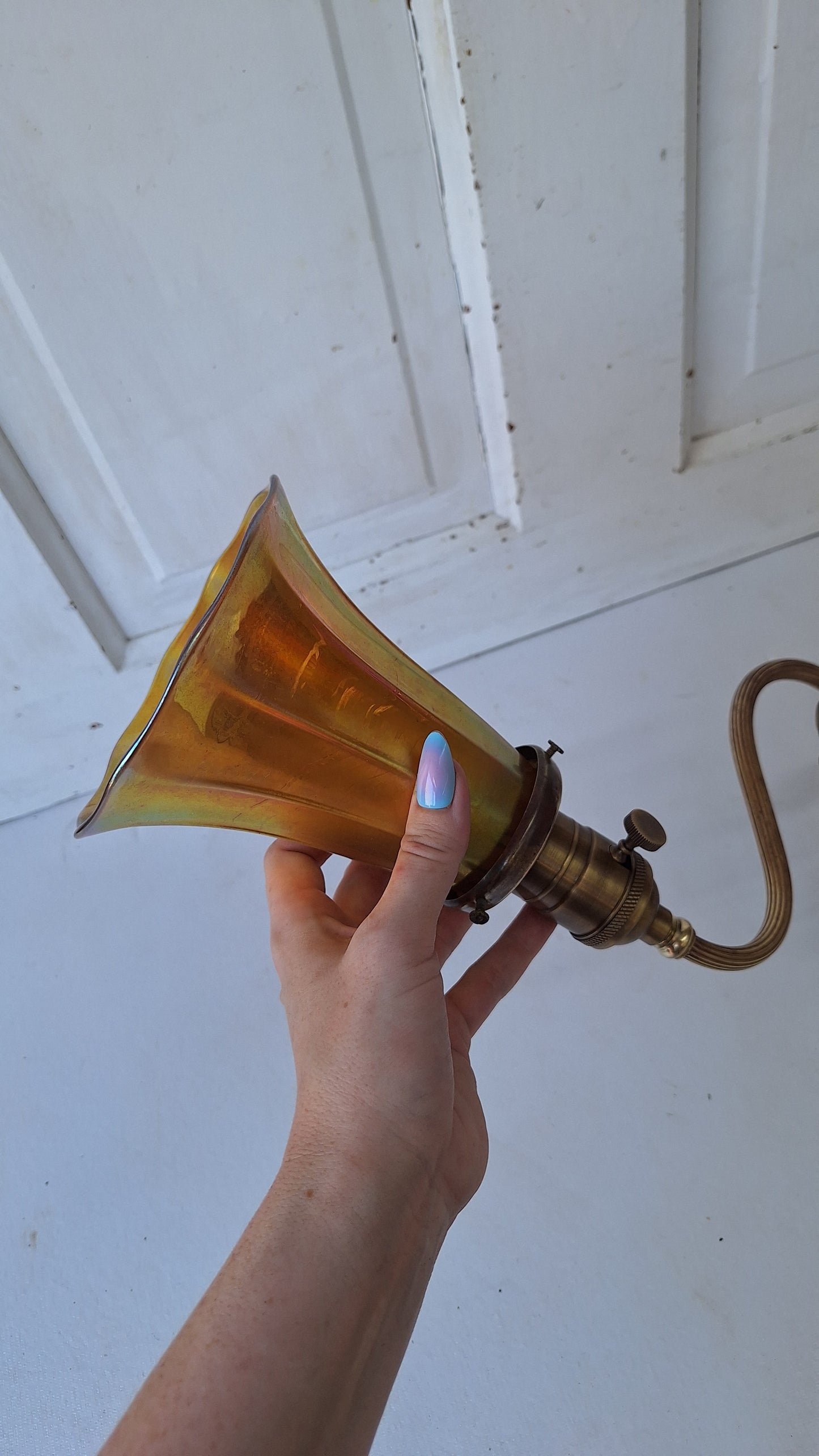 Antique Brass Sconce with Art Glass Shade, Wall Light and Quezel Shade