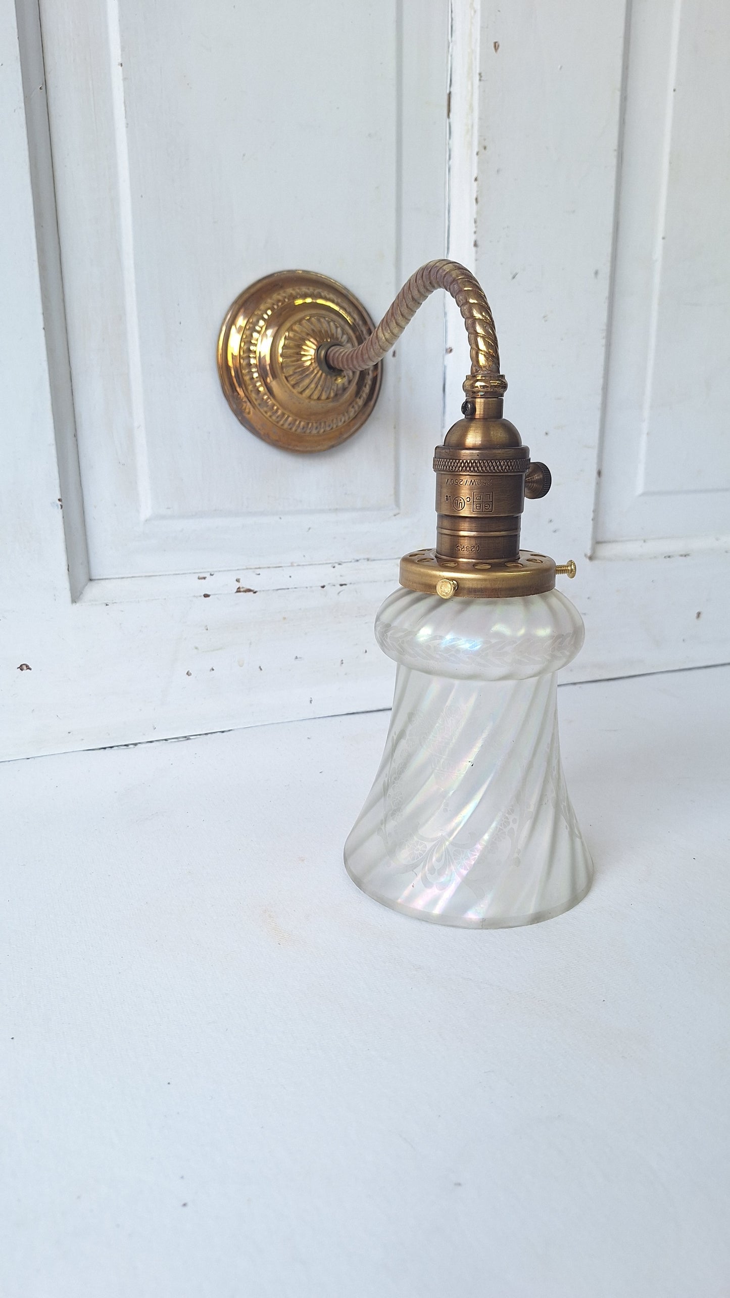 Antique Brass Sconce with Glass Shade, Wall Light and Irridescent Shade