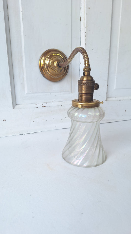 Antique Brass Sconce with Glass Shade, Wall Light and Irridescent Shade
