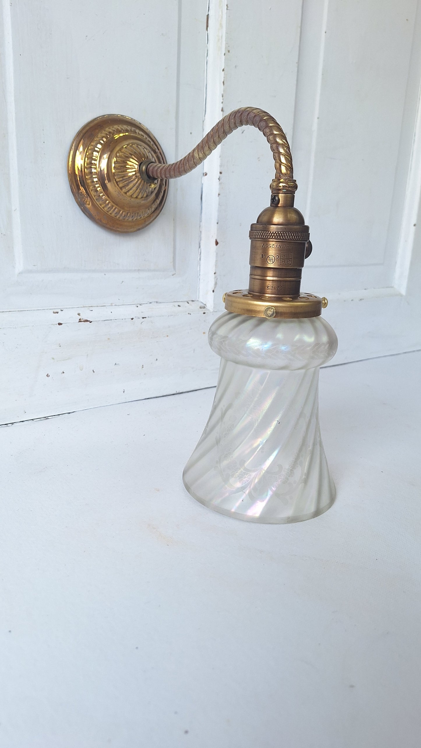 Antique Brass Sconce with Glass Shade, Wall Light and Irridescent Shade