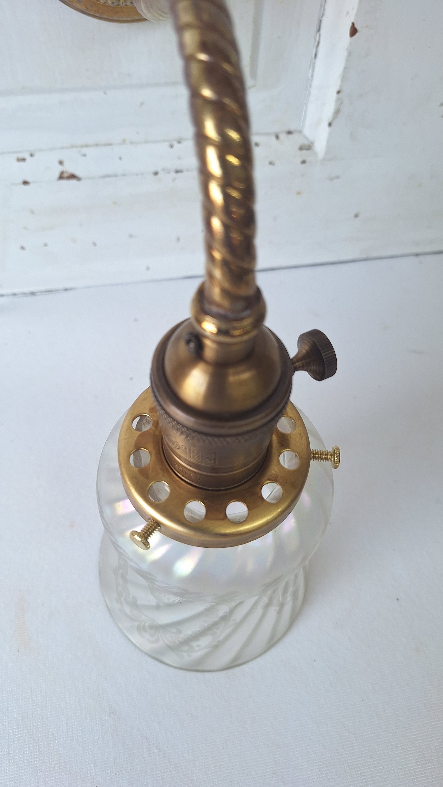 Antique Brass Sconce with Glass Shade, Wall Light and Irridescent Shade