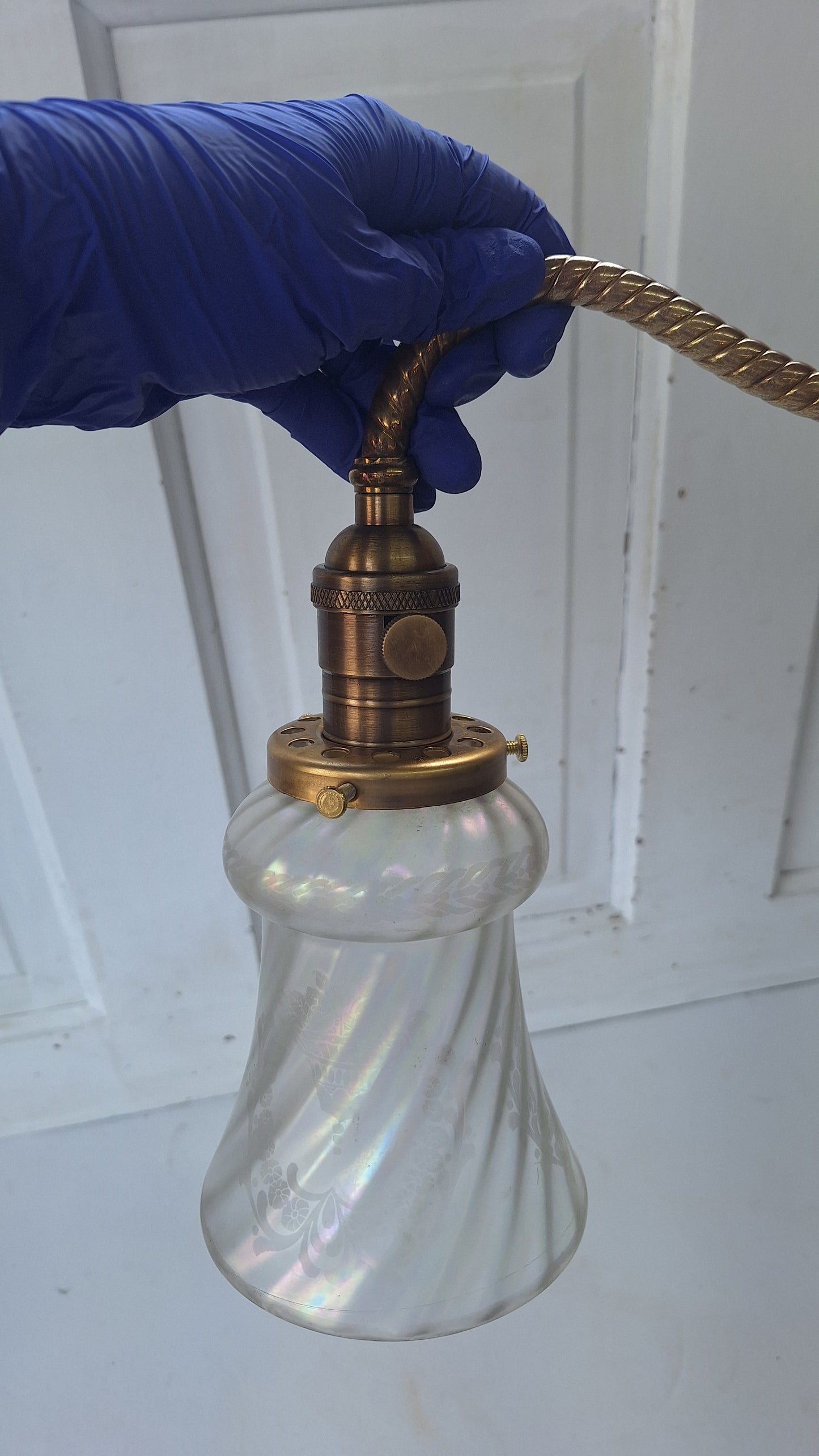 Antique Brass Sconce with Glass Shade, Wall Light and Irridescent Shade