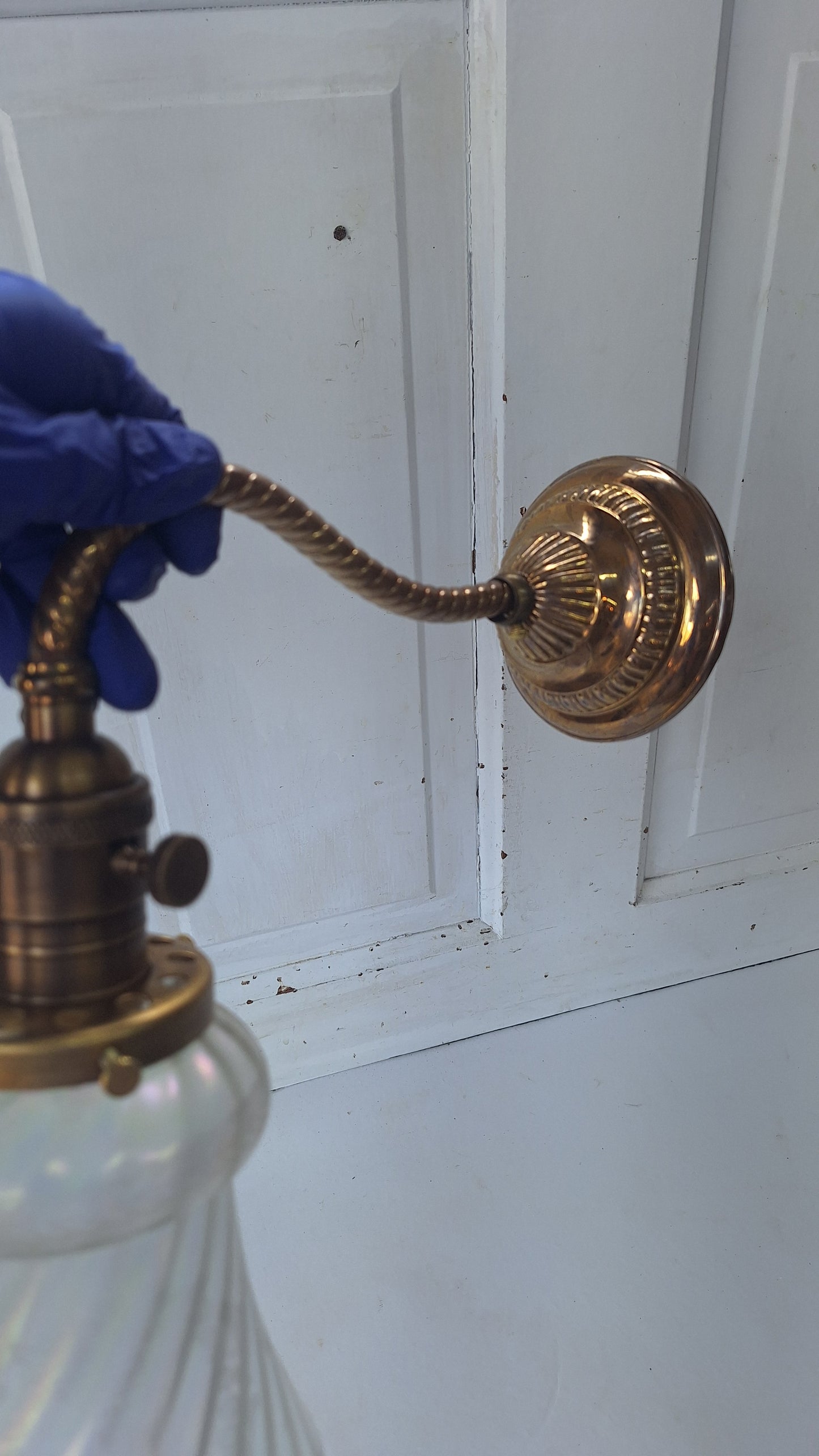 Antique Brass Sconce with Glass Shade, Wall Light and Irridescent Shade