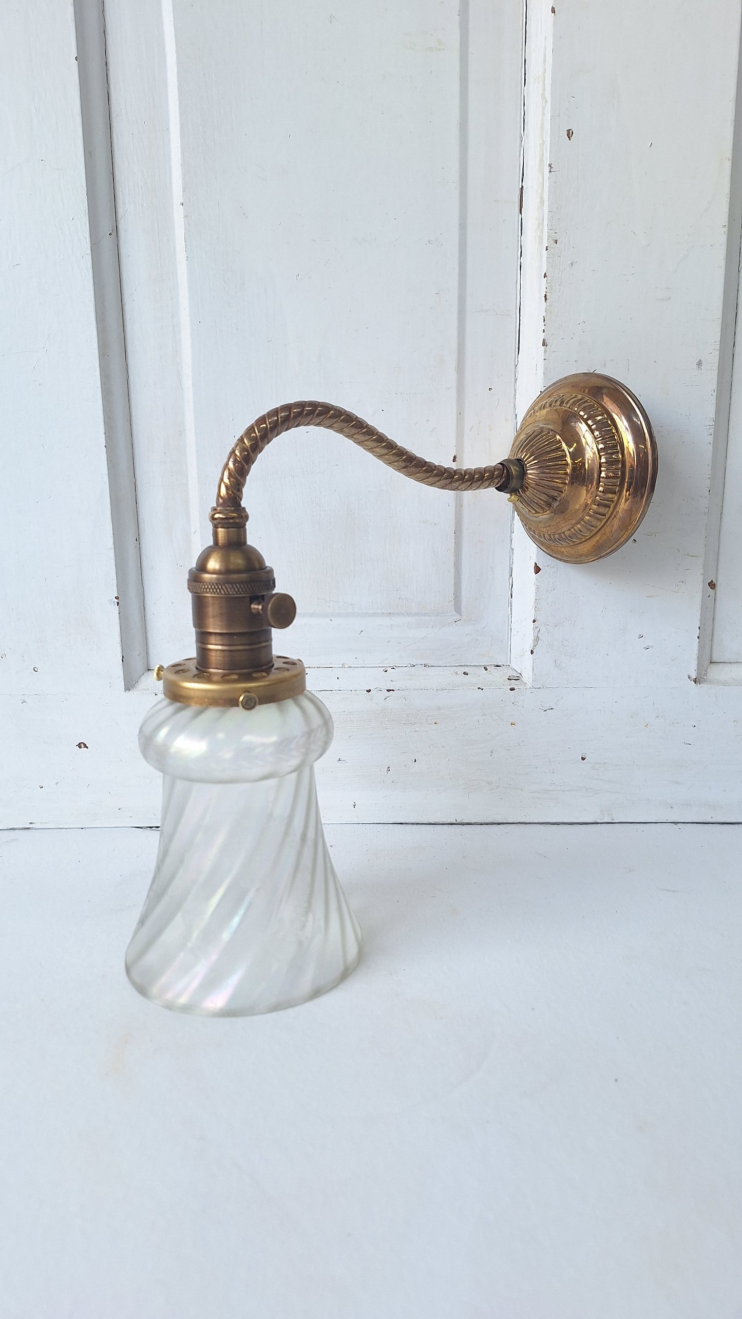 Antique Brass Sconce with Glass Shade, Wall Light and Irridescent Shade