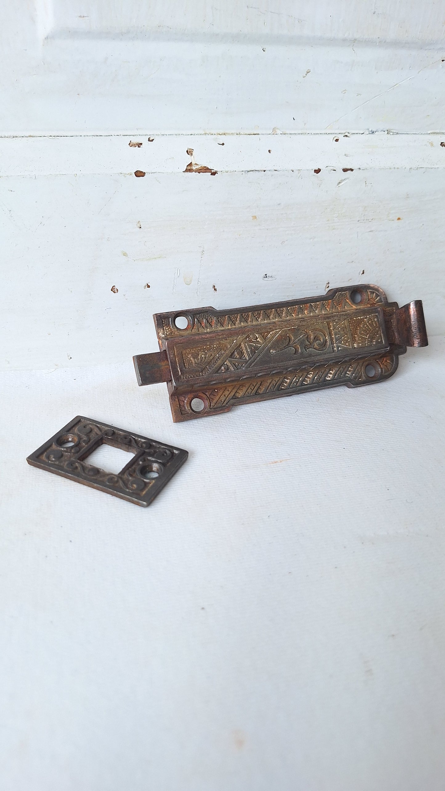 Antique Eastlake Iron Floor Bolt for French Doors, Ornate Double Door Lock