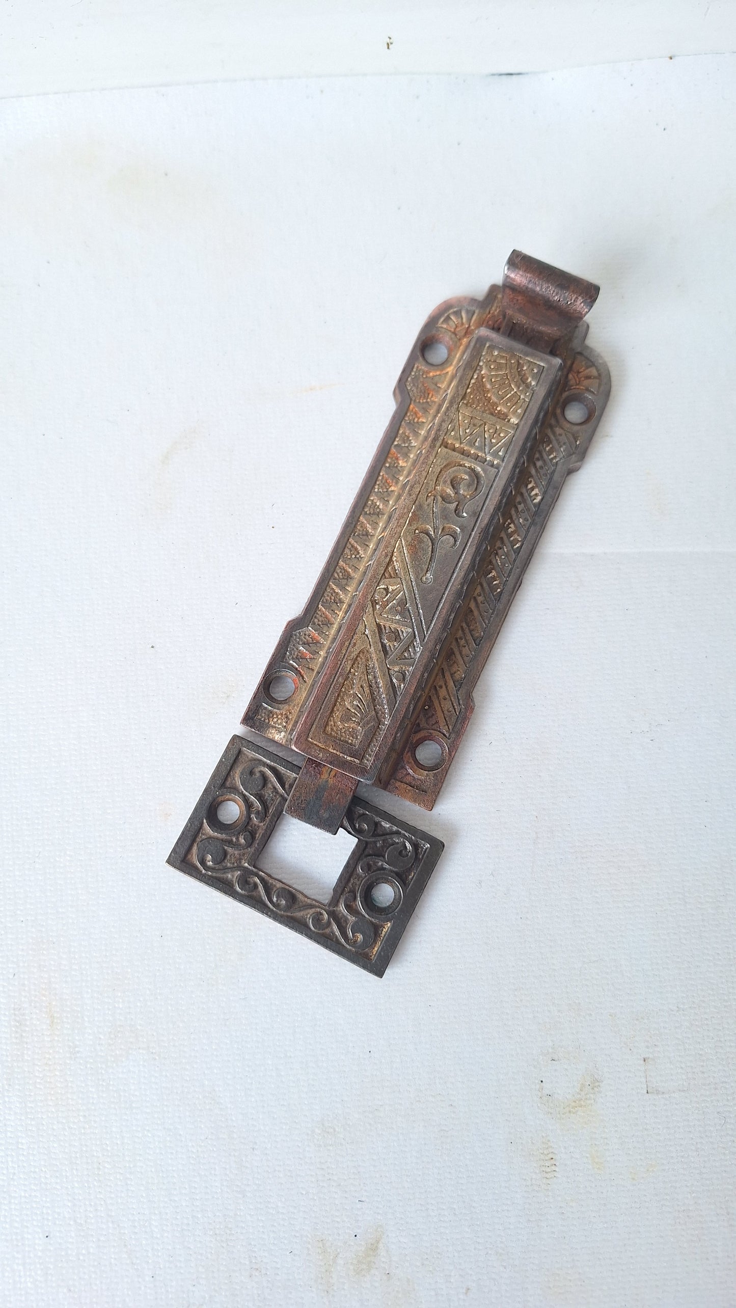 Antique Eastlake Iron Floor Bolt for French Doors, Ornate Double Door Lock