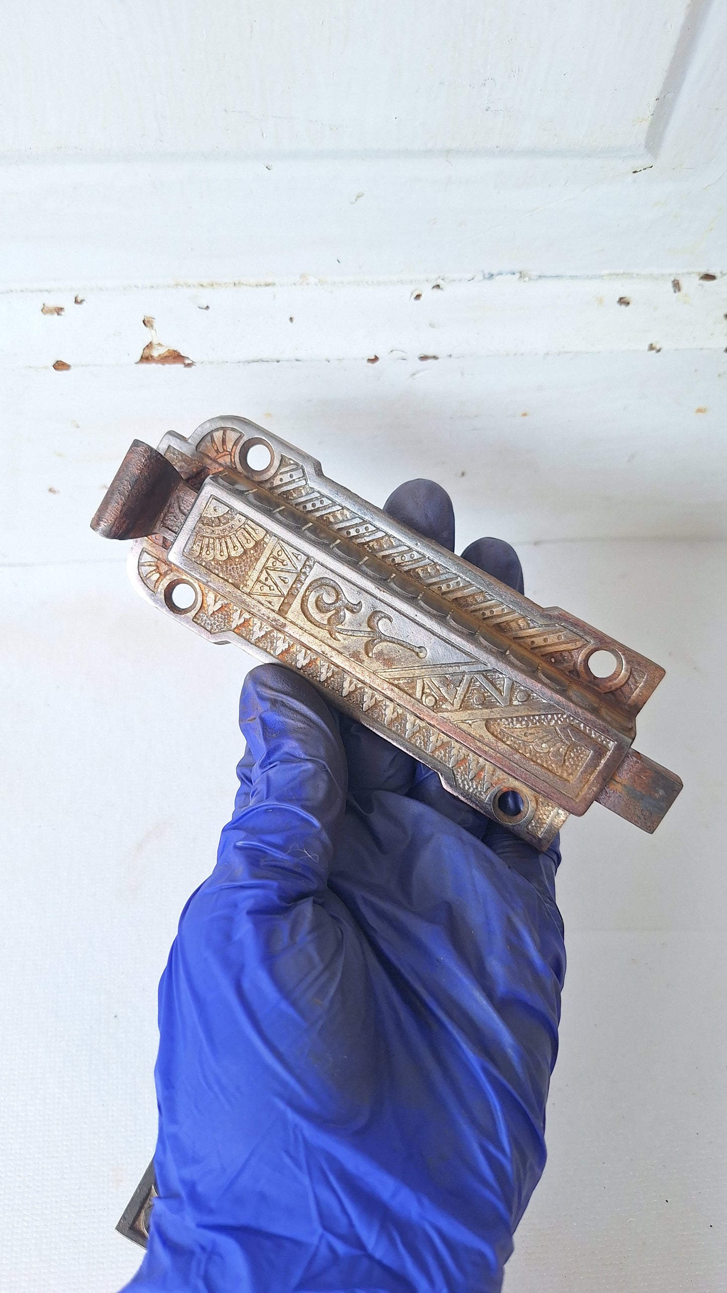 Antique Eastlake Iron Floor Bolt for French Doors, Ornate Double Door Lock