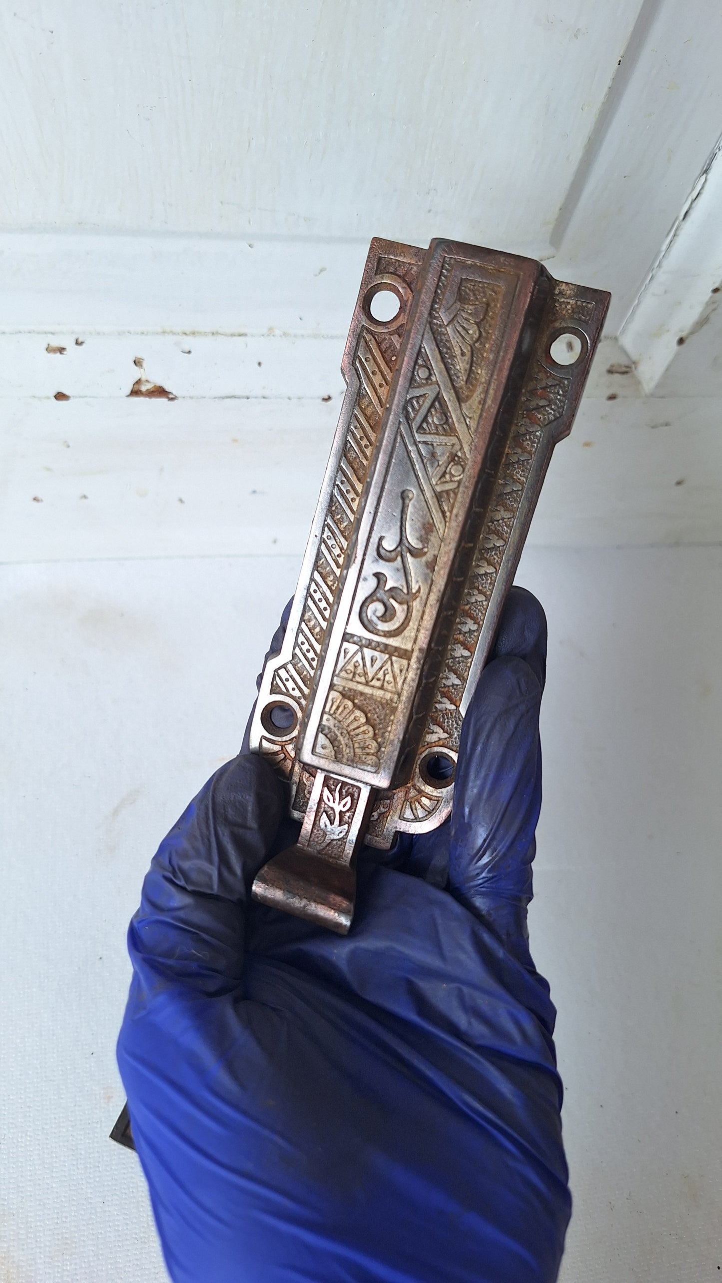 Antique Eastlake Iron Floor Bolt for French Doors, Ornate Double Door Lock