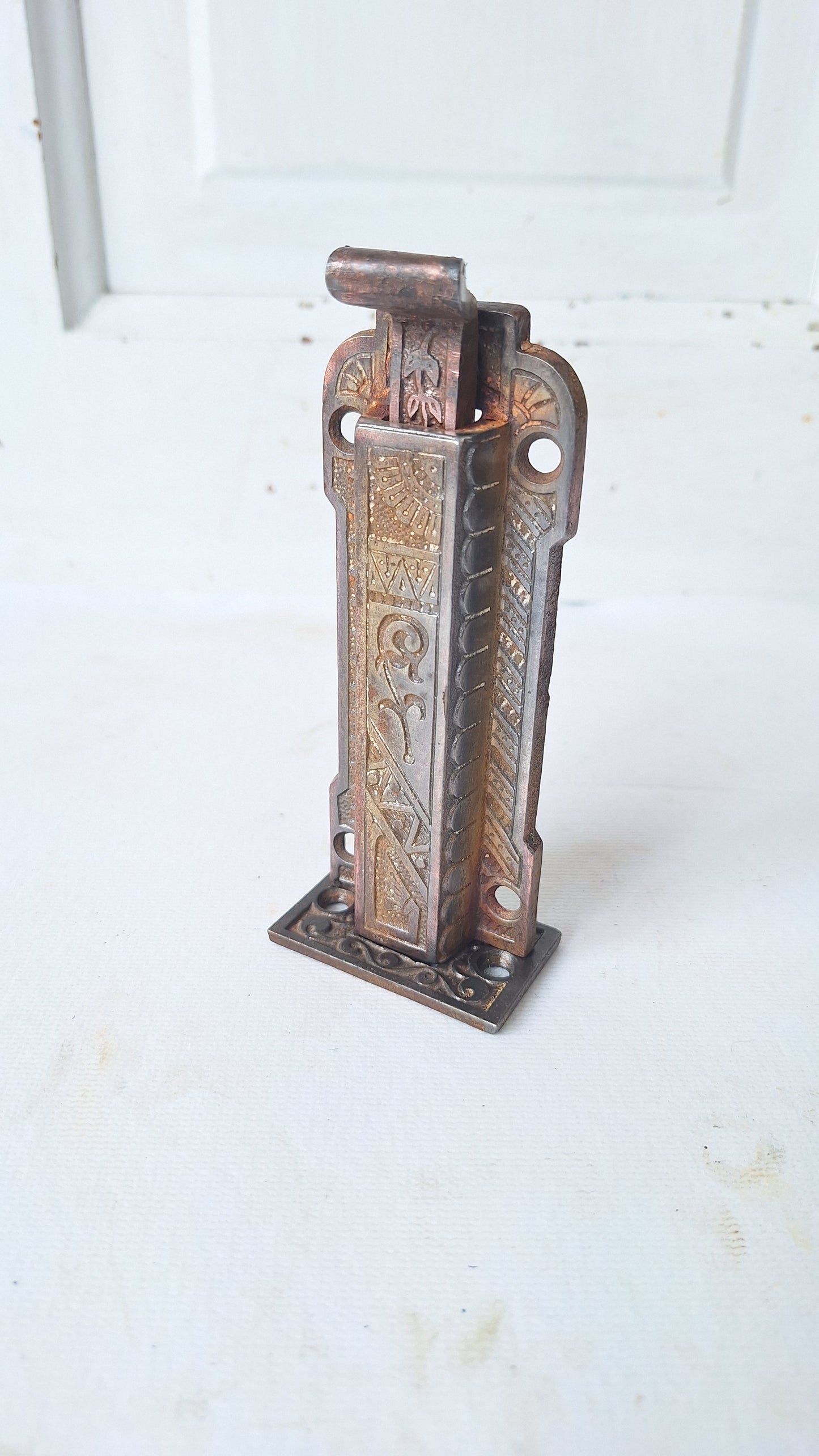 Antique Eastlake Iron Floor Bolt for French Doors, Ornate Double Door Lock