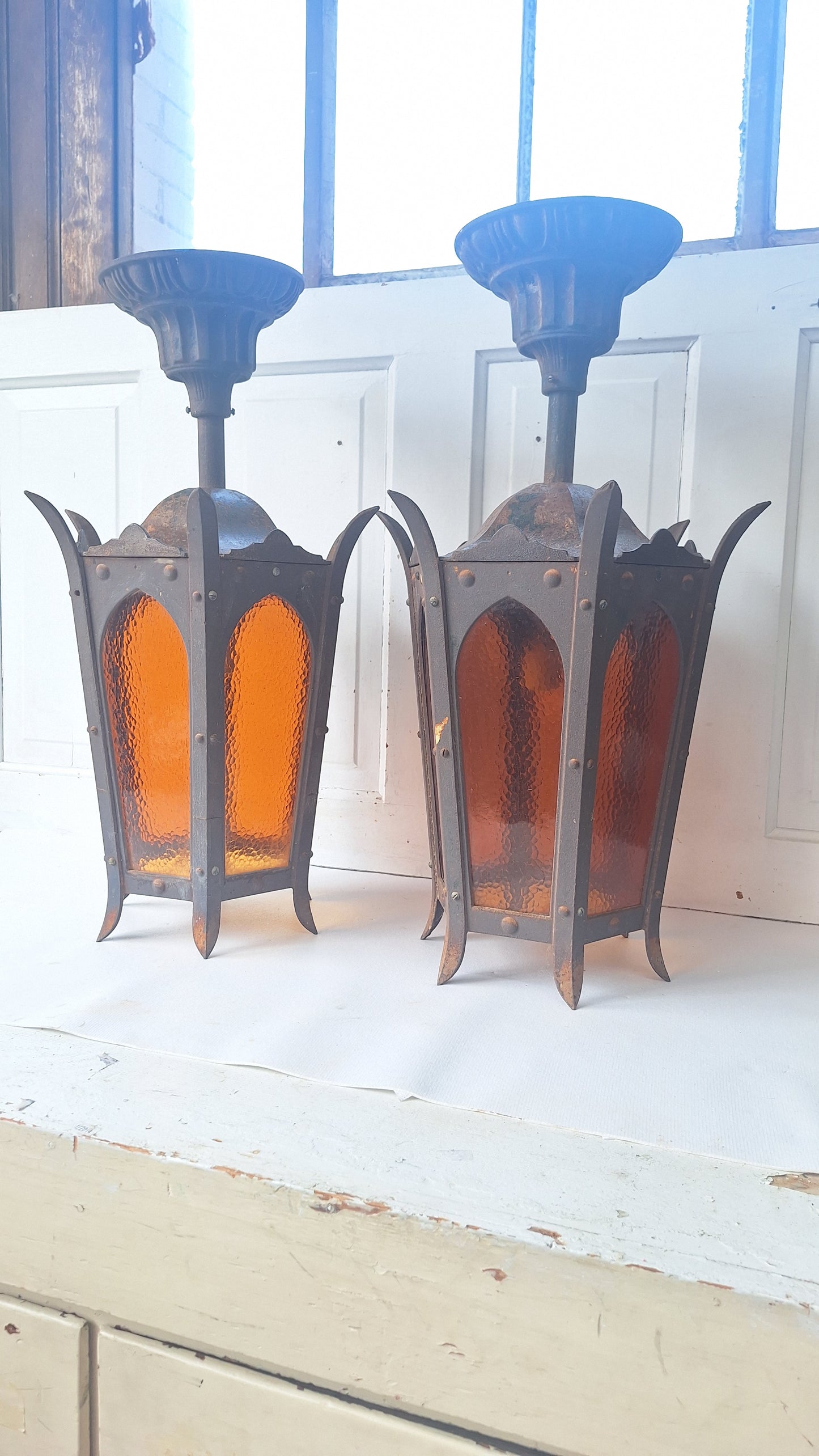 Pair of Large Lantern Lights, Antique Gothic Style Iron LIghts