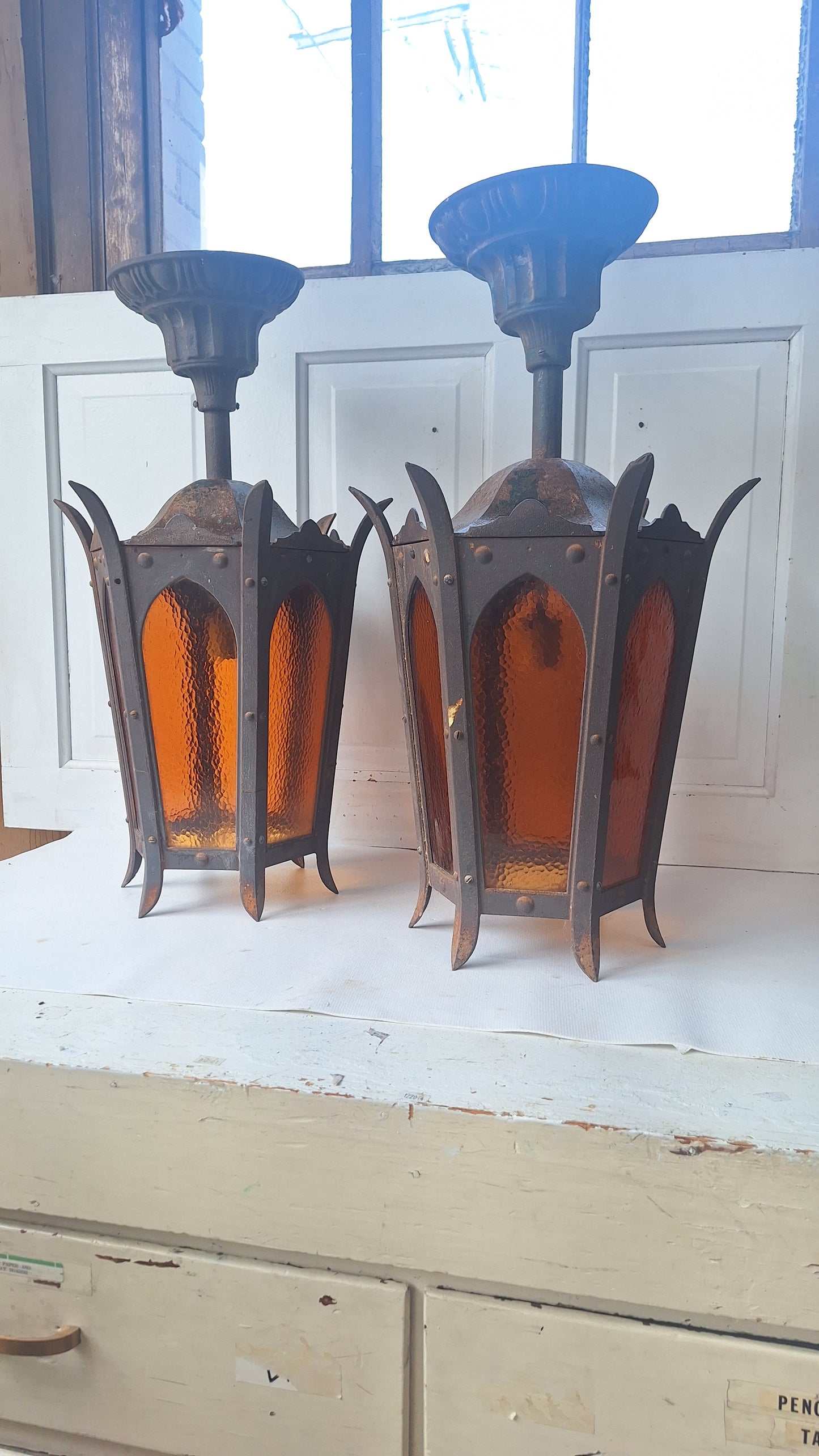Pair of Large Lantern Lights, Antique Gothic Style Iron LIghts