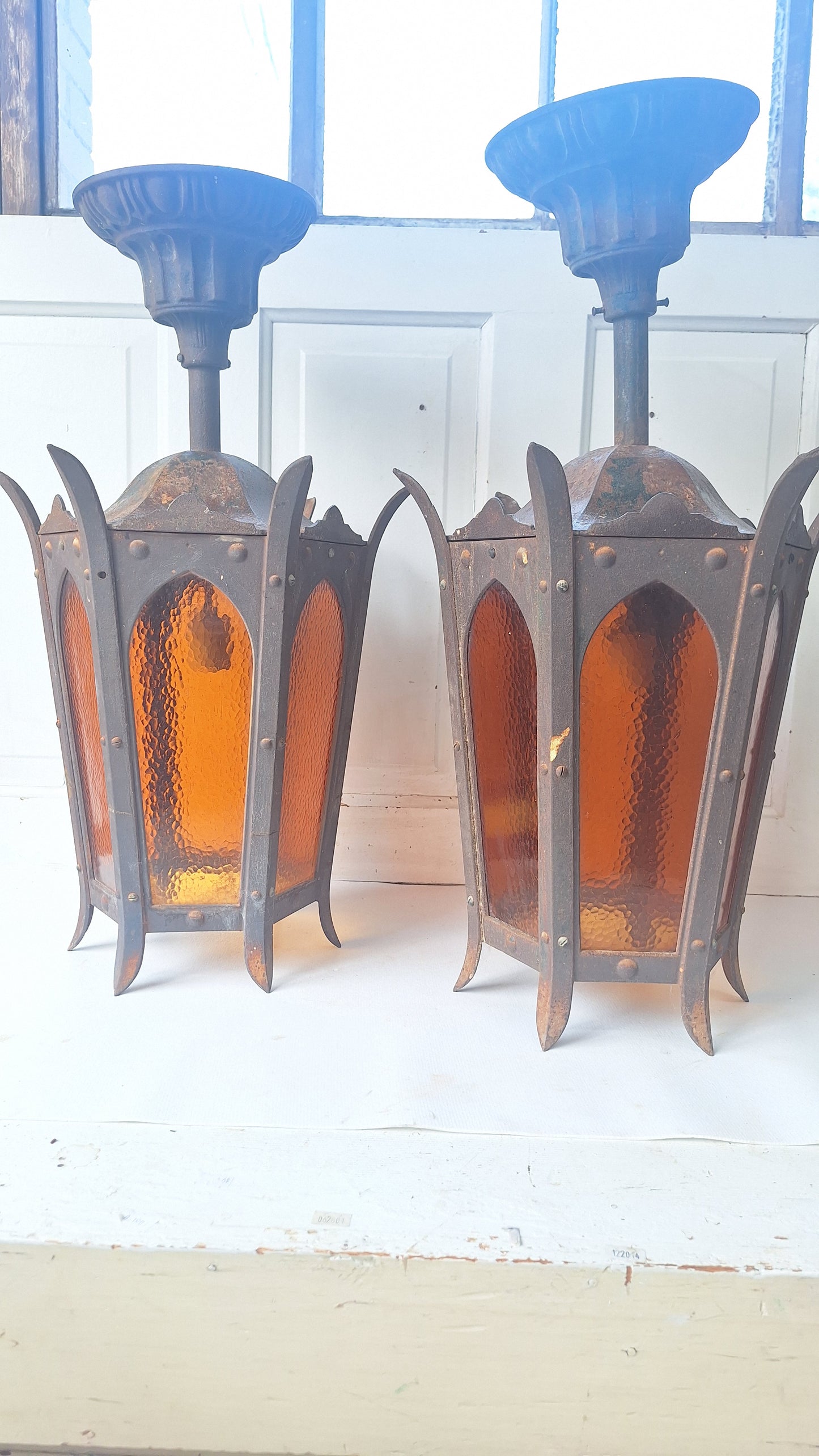 Pair of Large Lantern Lights, Antique Gothic Style Iron LIghts