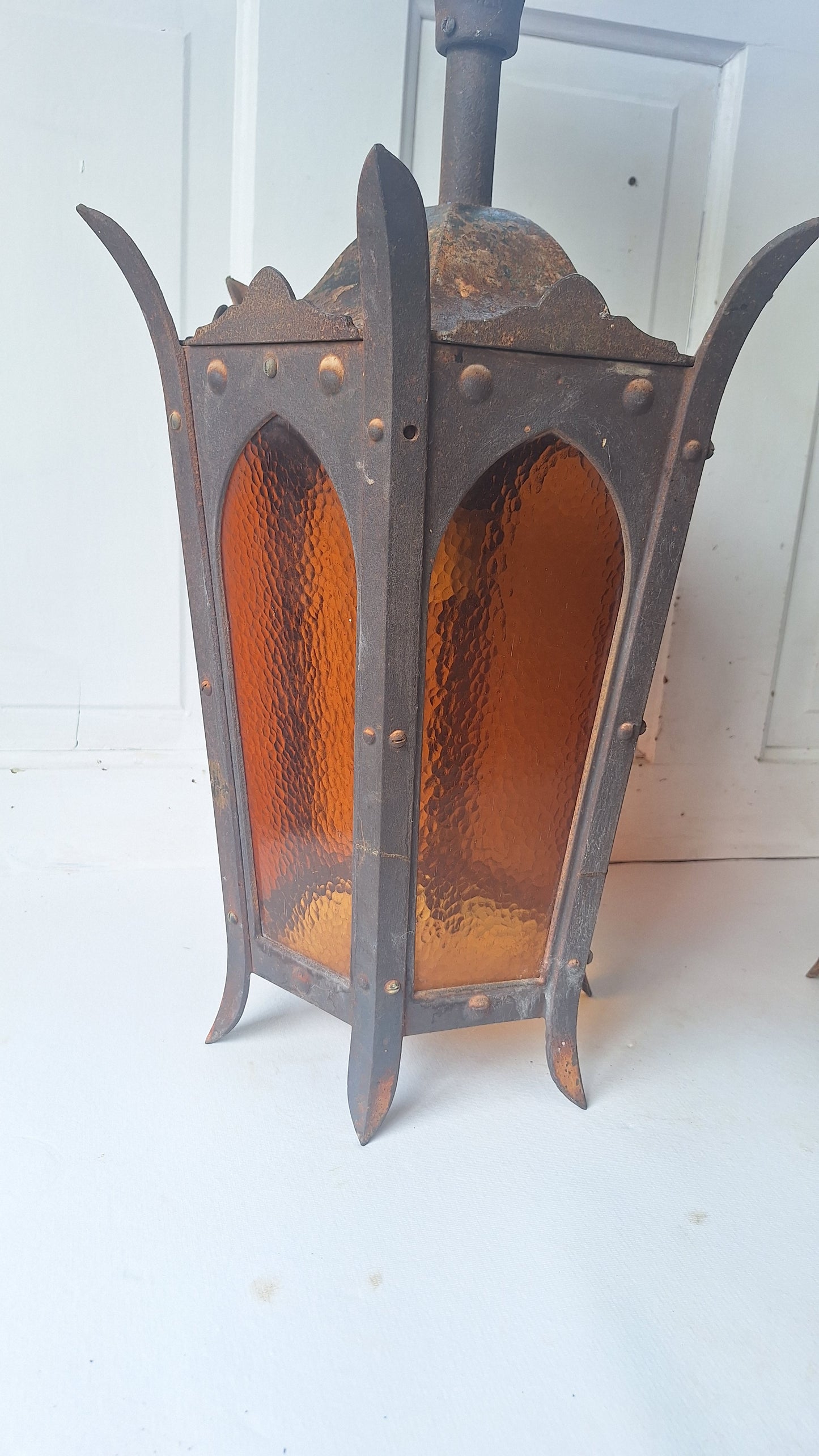 Pair of Large Lantern Lights, Antique Gothic Style Iron LIghts