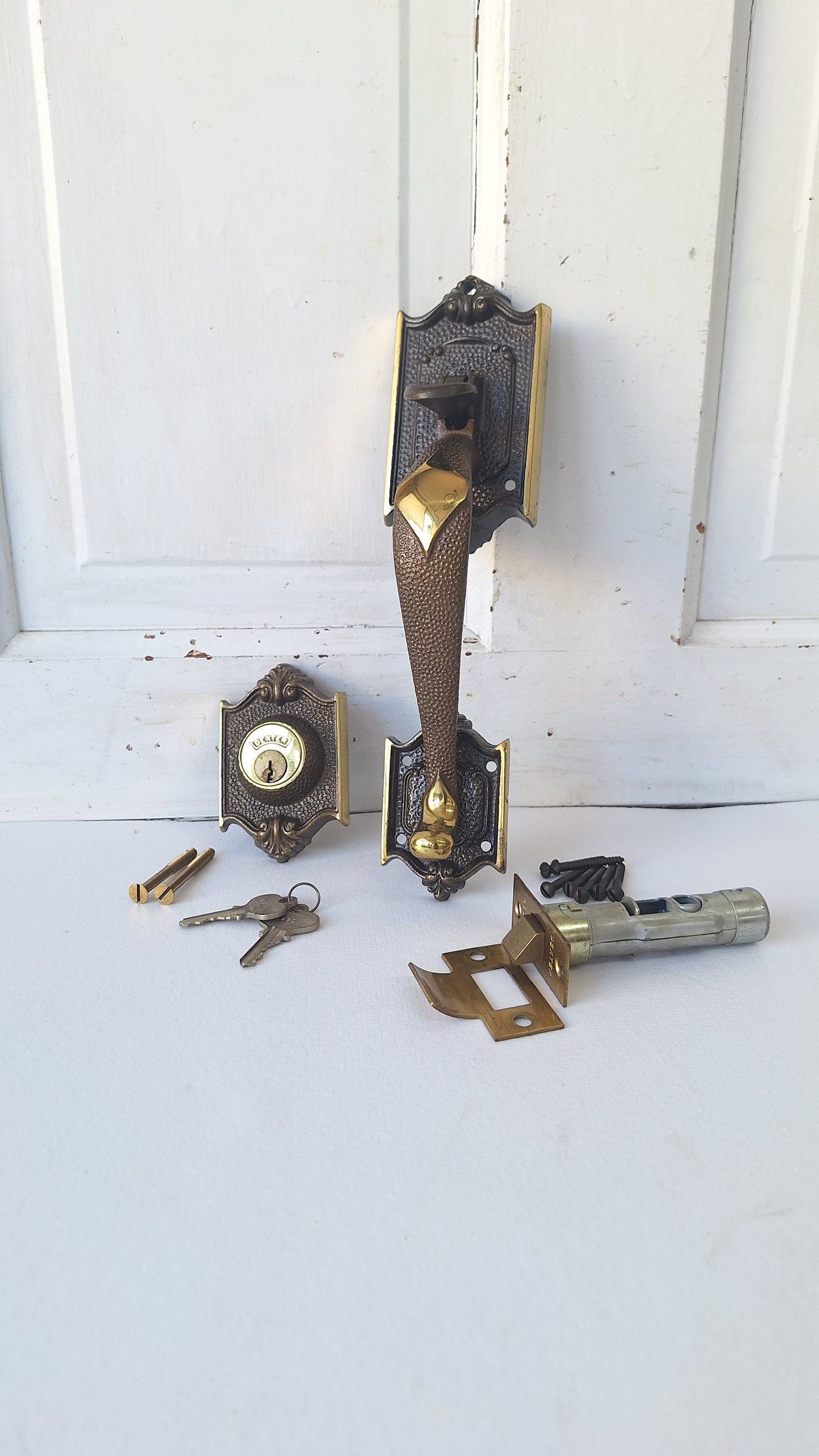 Mid Century Door Hardware Set, Handle, Latch, Keys, New Old Stock