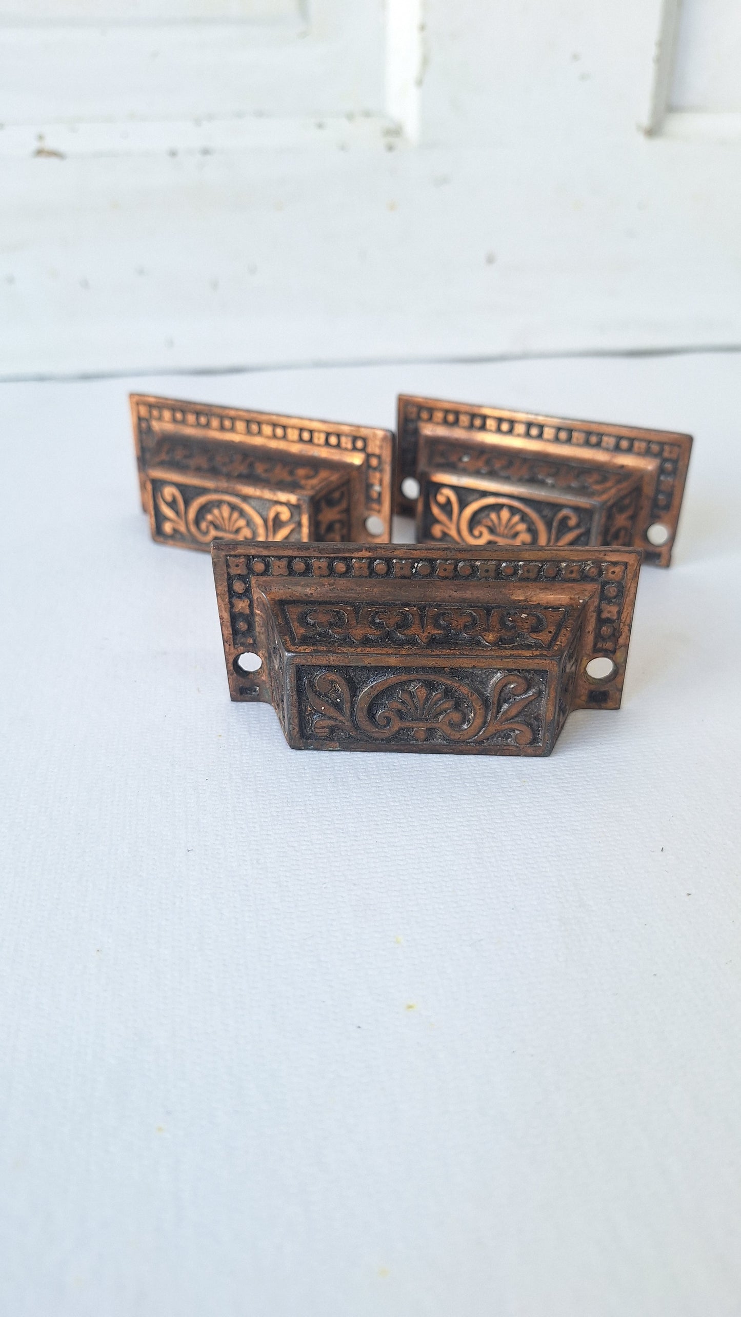 Three Ornate Pattern Victorian Cast Iron Bin Pulls, Antique Drawer Handles