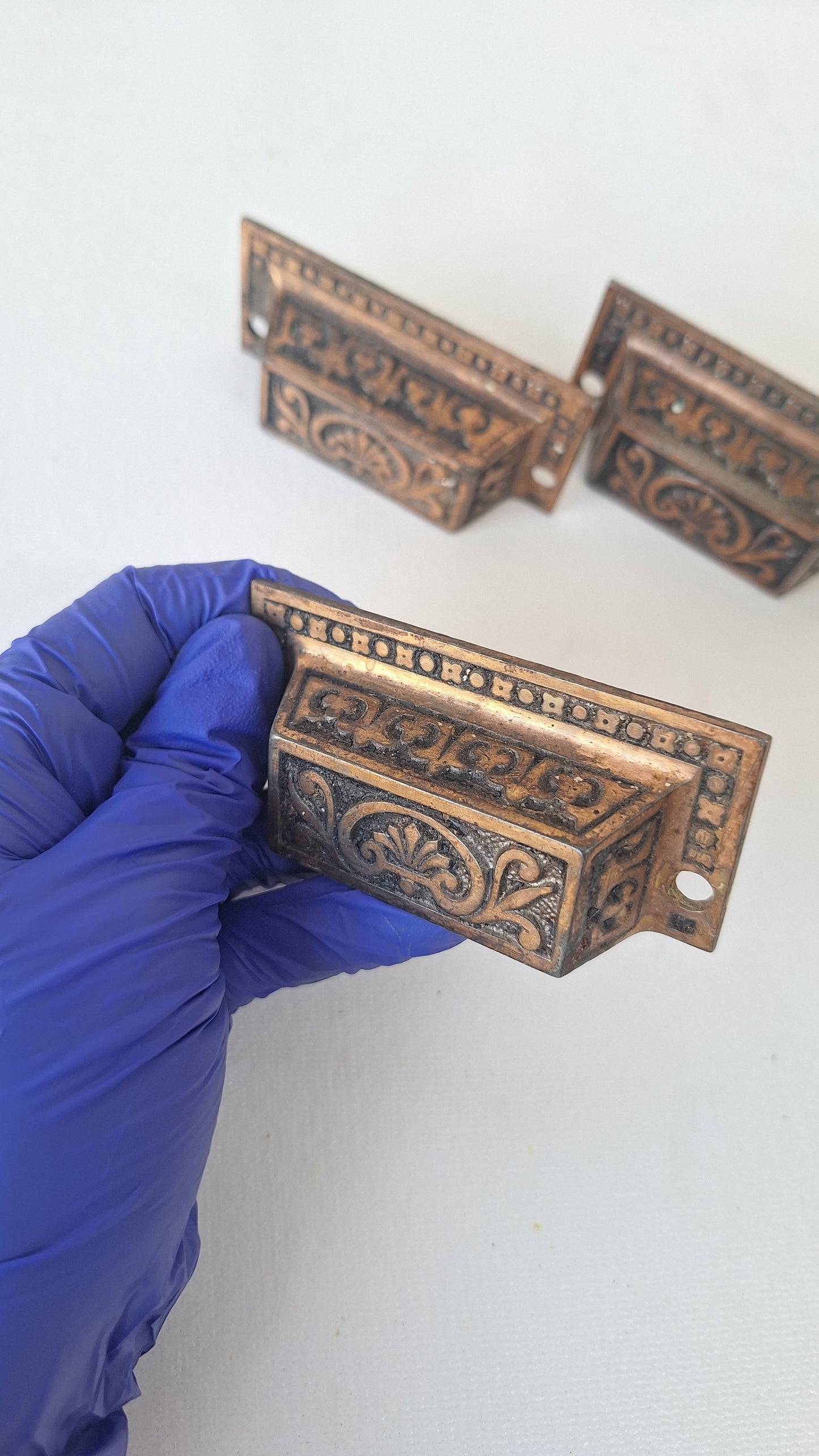 Three Ornate Pattern Victorian Cast Iron Bin Pulls, Antique Drawer Handles