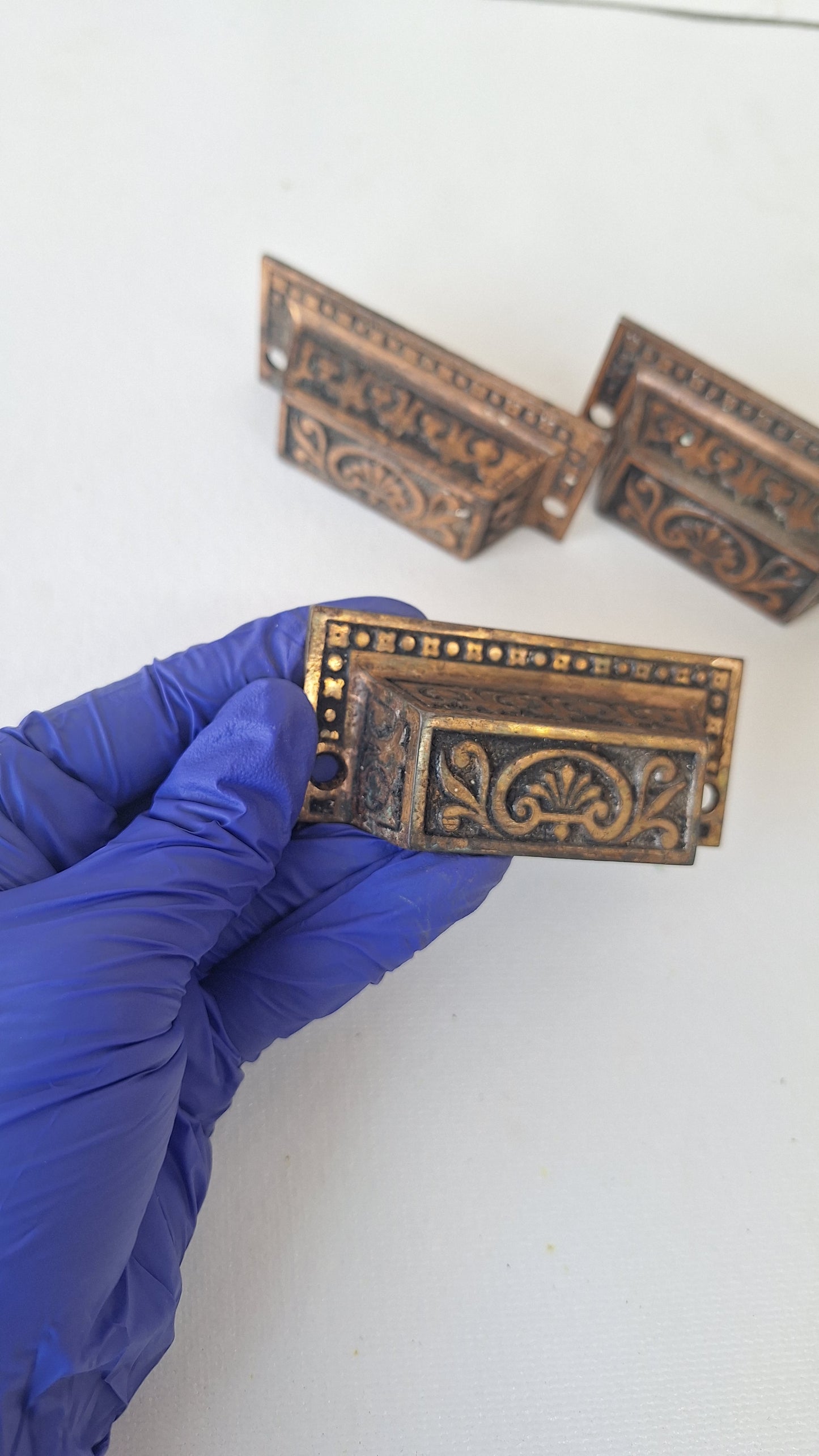 Three Ornate Pattern Victorian Cast Iron Bin Pulls, Antique Drawer Handles