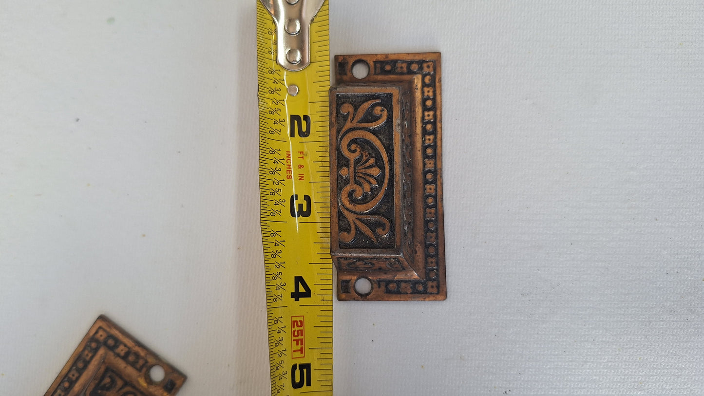 Three Ornate Pattern Victorian Cast Iron Bin Pulls, Antique Drawer Handles
