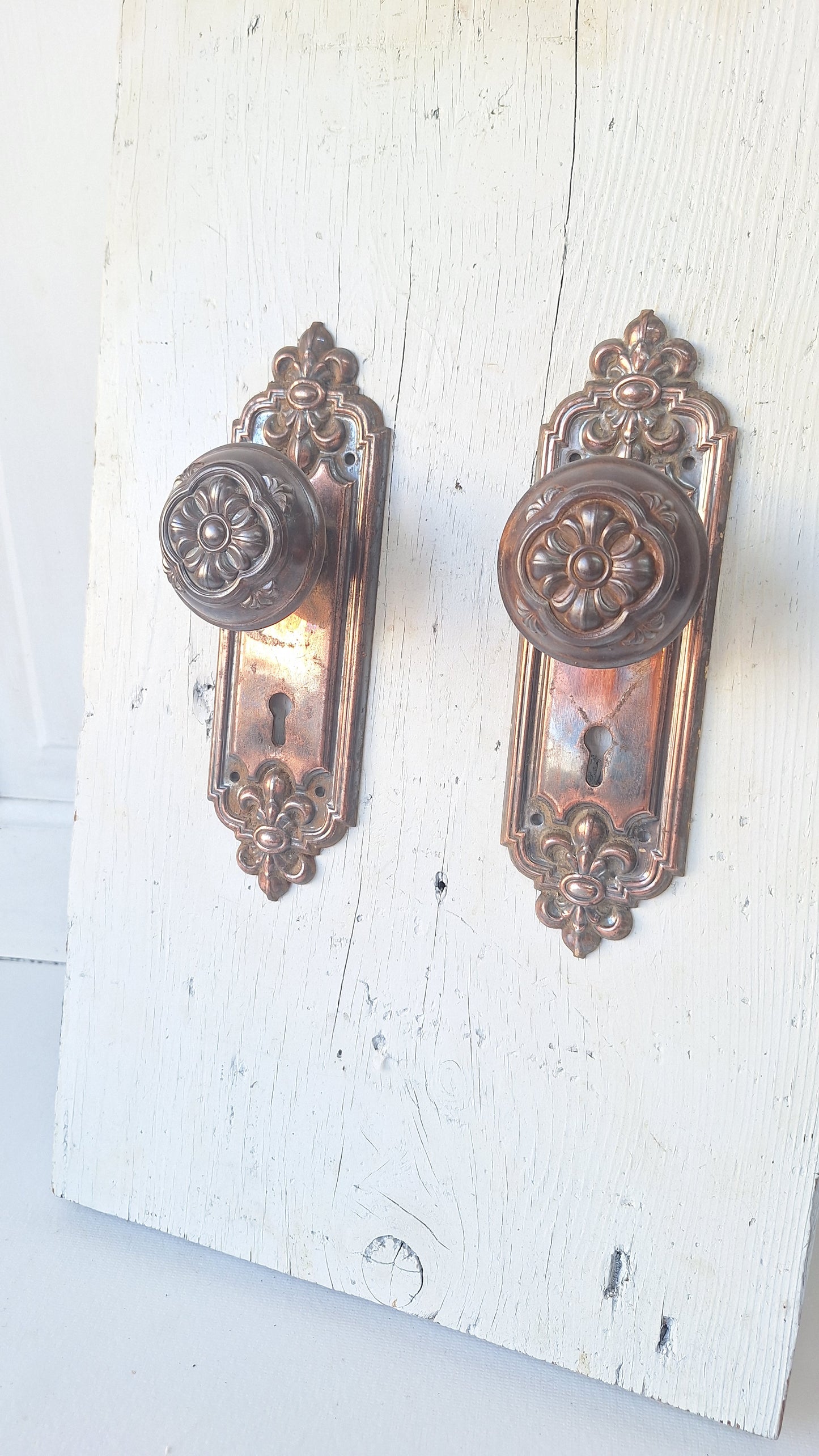 Pair of Stamped Floral Pattern Steel Backplates, Antique Doorknob Plates