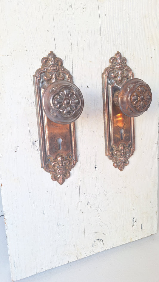 Pair of Stamped Floral Pattern Steel Backplates, Antique Doorknob Plates