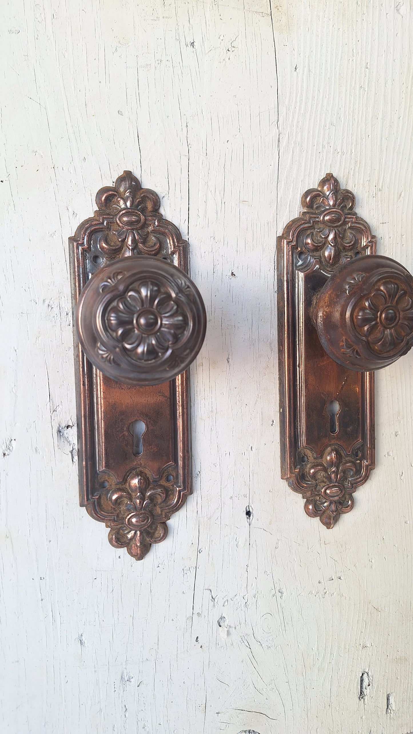 Pair of Stamped Floral Pattern Steel Backplates, Antique Doorknob Plates