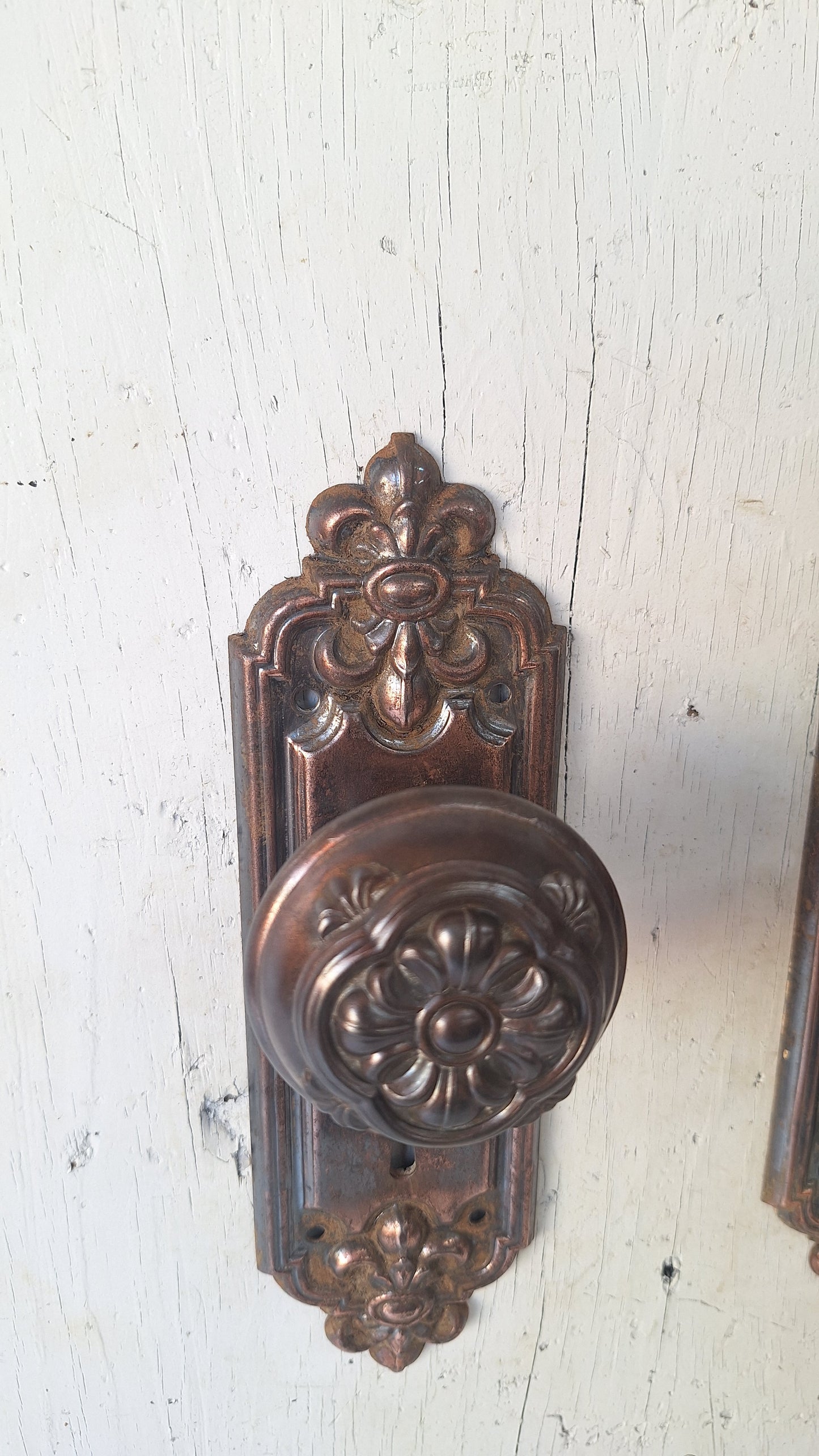 Pair of Stamped Floral Pattern Steel Backplates, Antique Doorknob Plates