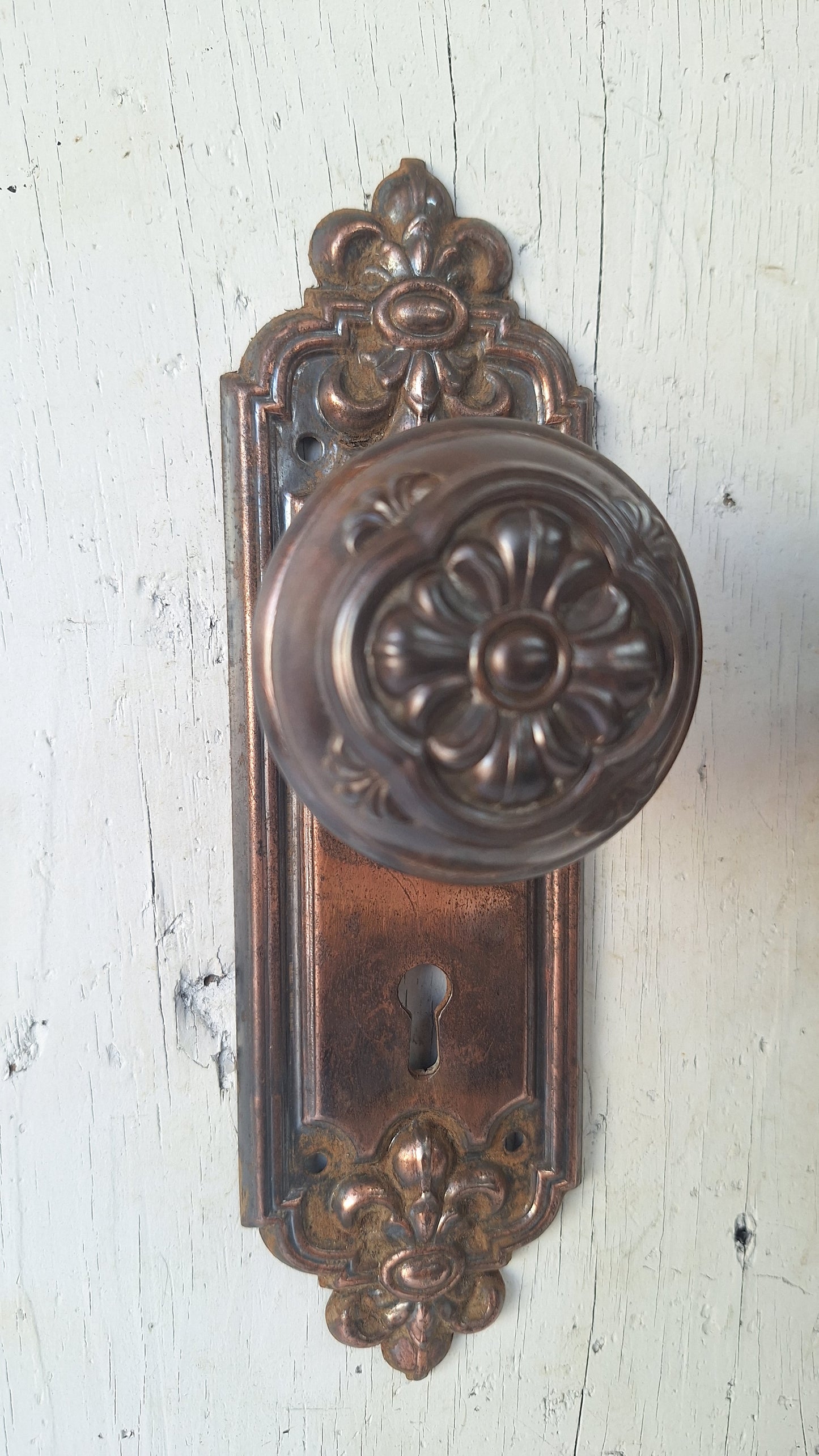 Pair of Stamped Floral Pattern Steel Backplates, Antique Doorknob Plates